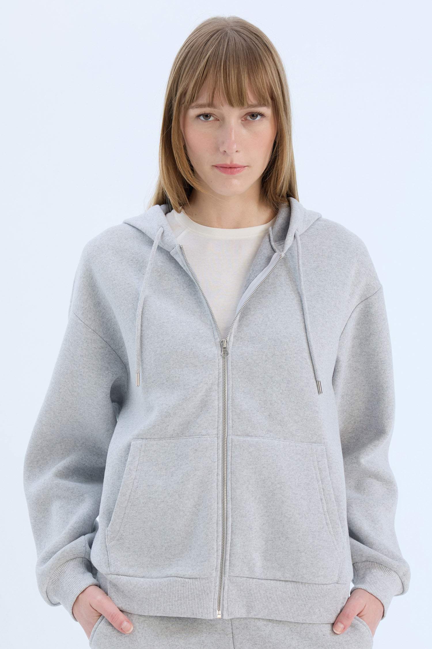 Gri Okula Dönüş Relax Fit Kapüşonlu Kalın Basic Düz Cepli Fermuarlı Sweatshirt