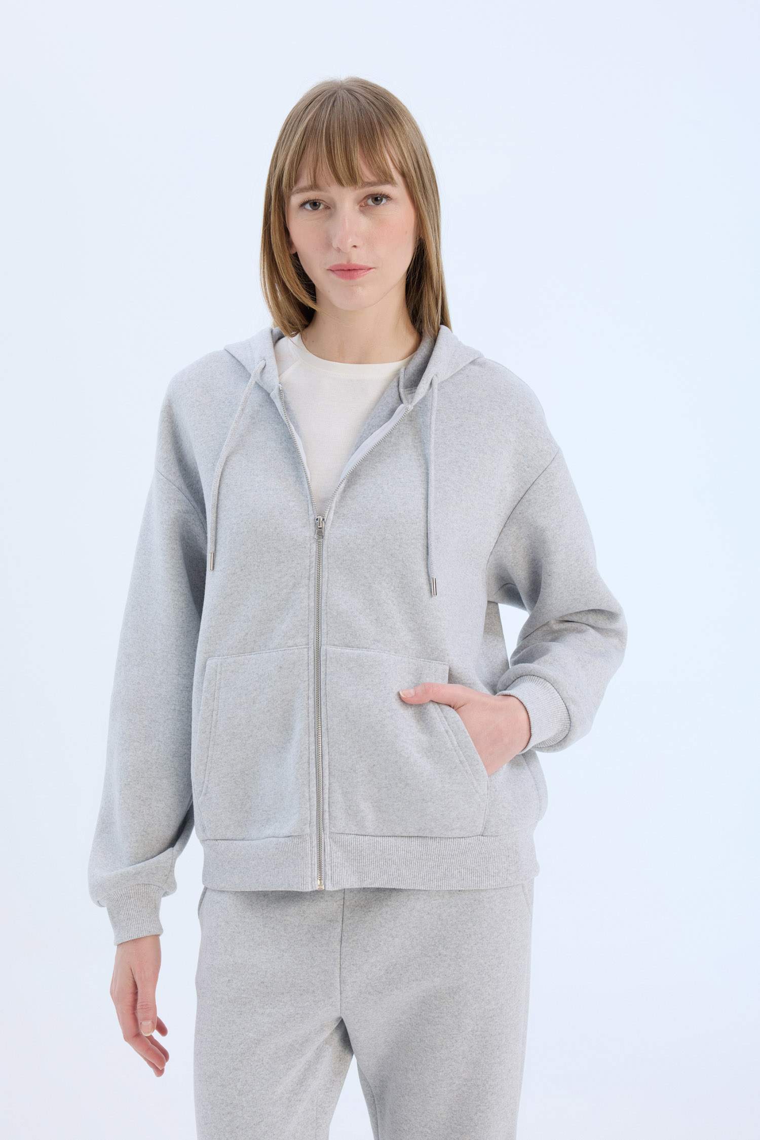 Gri Okula Dönüş Relax Fit Kapüşonlu Kalın Basic Düz Cepli Fermuarlı Sweatshirt