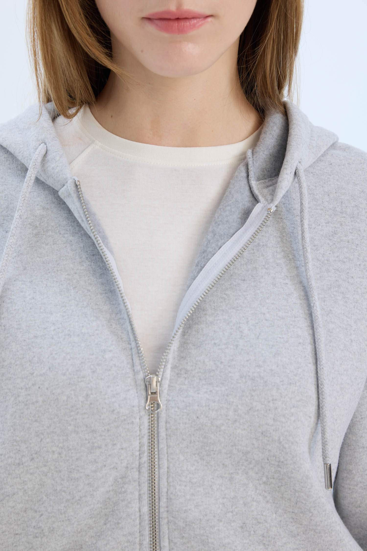 Gri Okula Dönüş Relax Fit Kapüşonlu Kalın Basic Düz Cepli Fermuarlı Sweatshirt