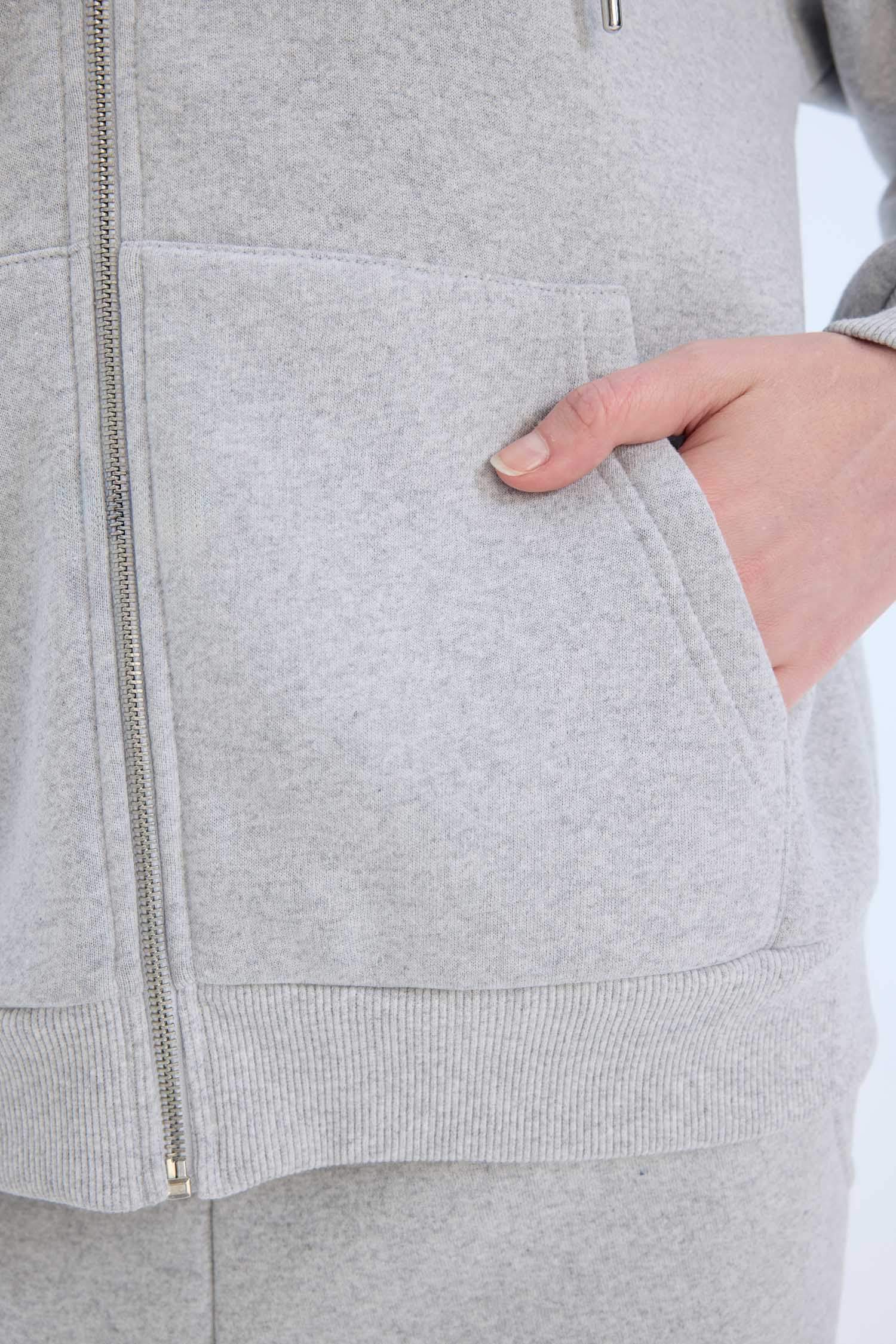 Gri Okula Dönüş Relax Fit Kapüşonlu Kalın Basic Düz Cepli Fermuarlı Sweatshirt