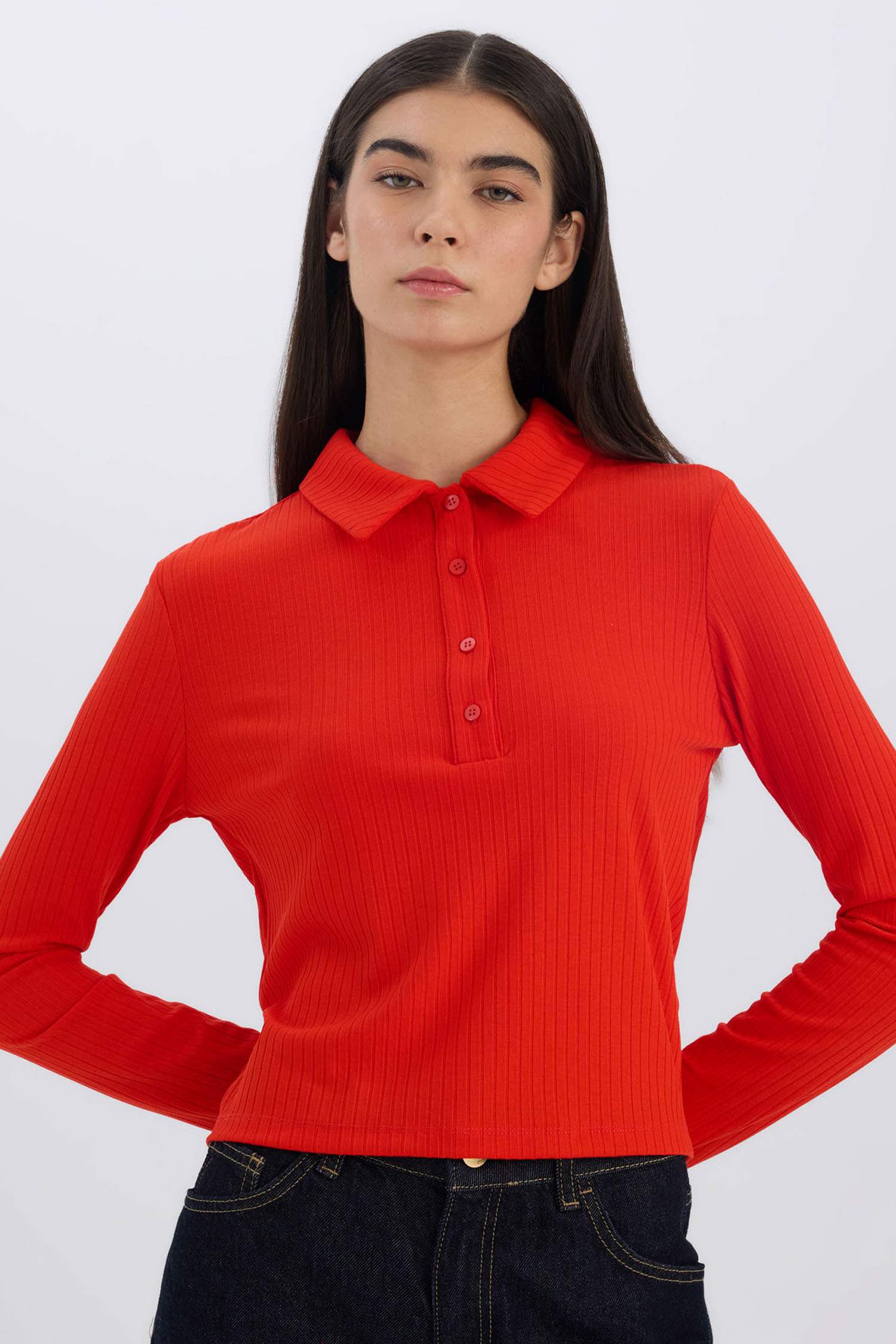 Slim Fit Dar Kesim Polo Yaka Fitilli Kaşkorse Uzun Kollu Tişört