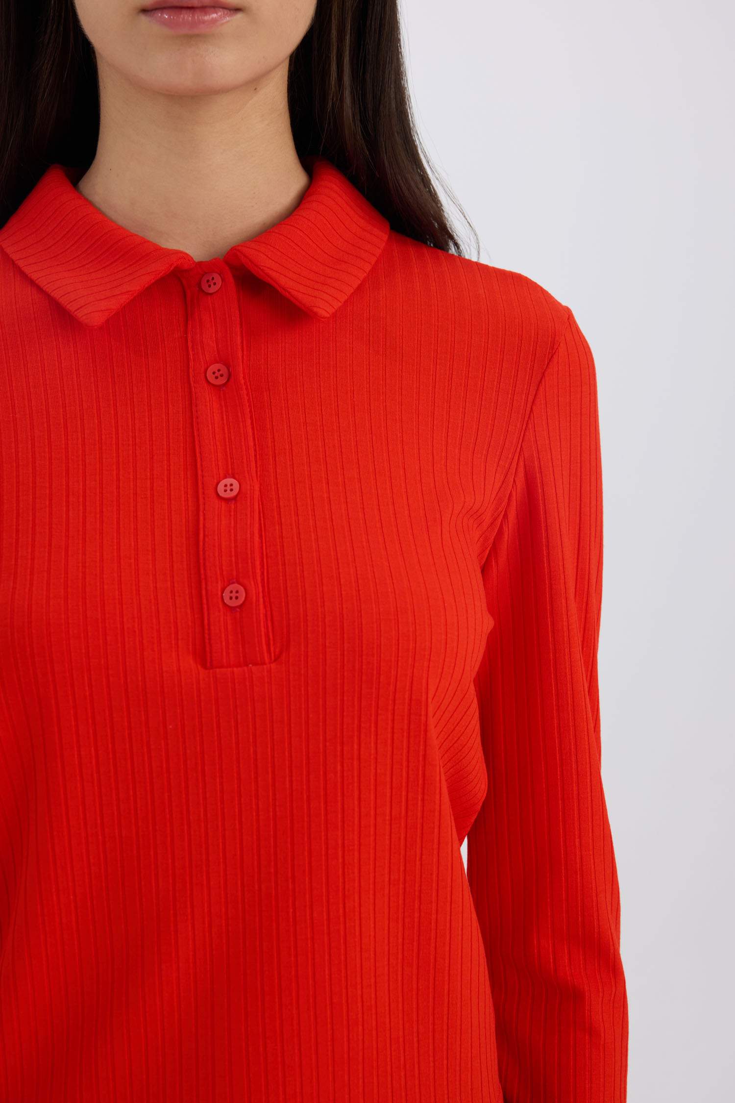 Slim Fit Dar Kesim Polo Yaka Fitilli Kaşkorse Uzun Kollu Tişört