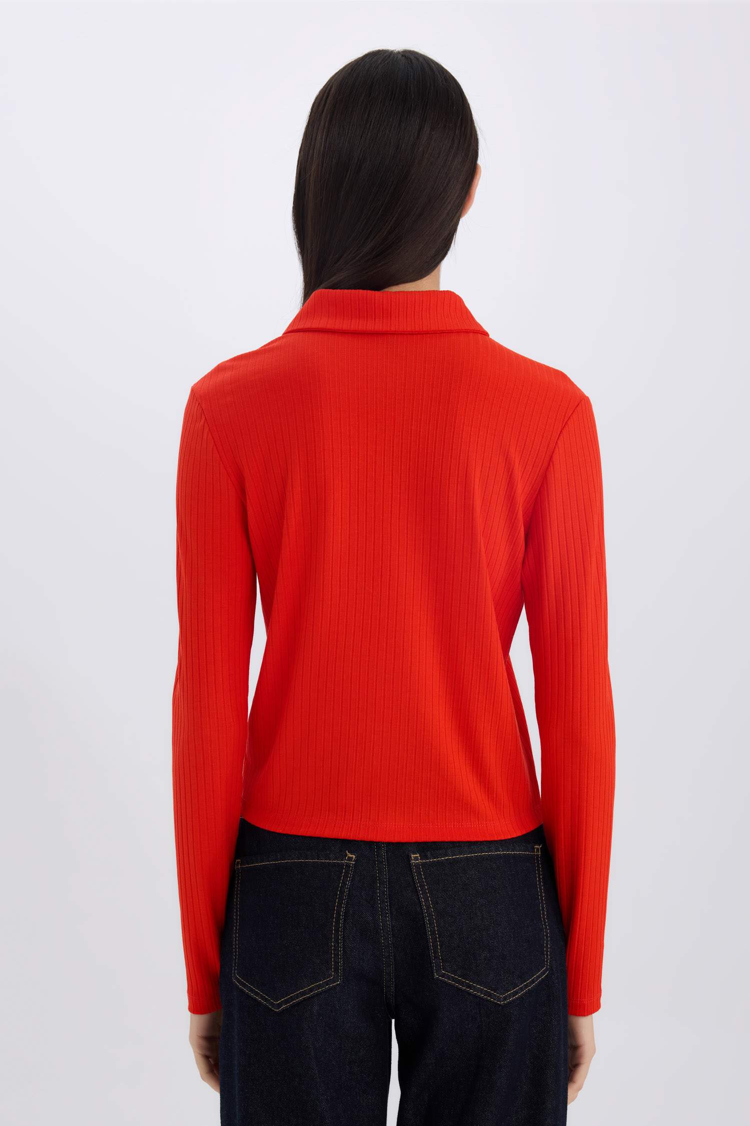 Slim Fit Dar Kesim Polo Yaka Fitilli Kaşkorse Uzun Kollu Tişört