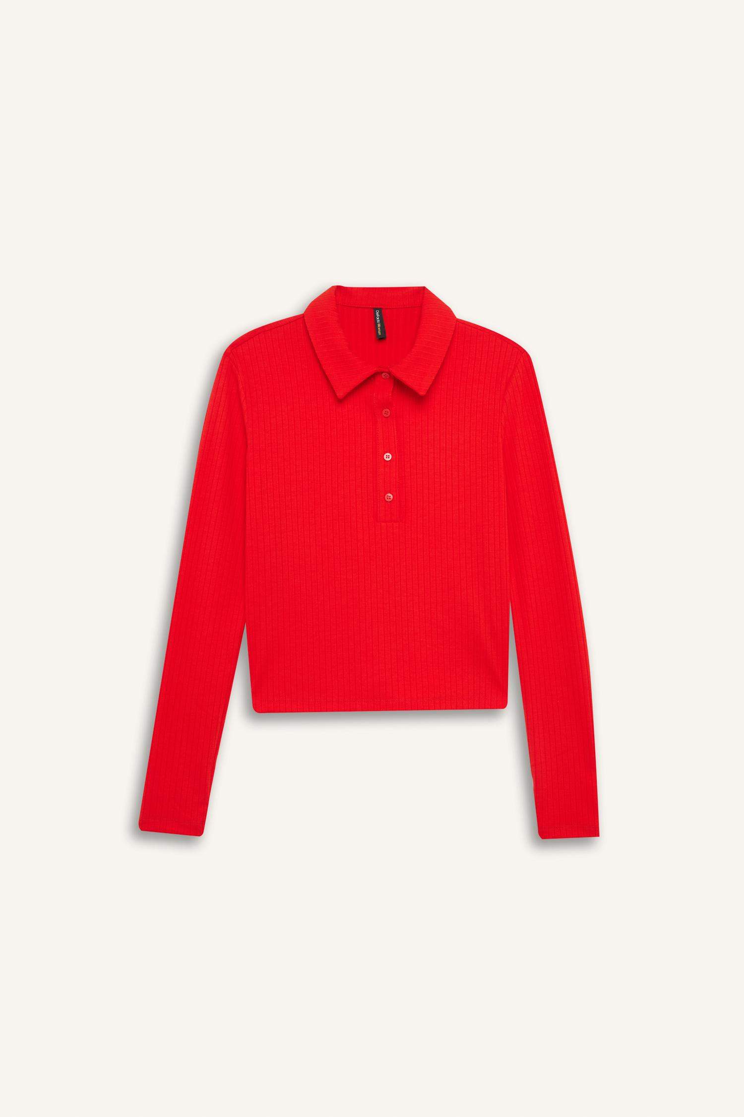 Slim Fit Dar Kesim Polo Yaka Fitilli Kaşkorse Uzun Kollu Tişört