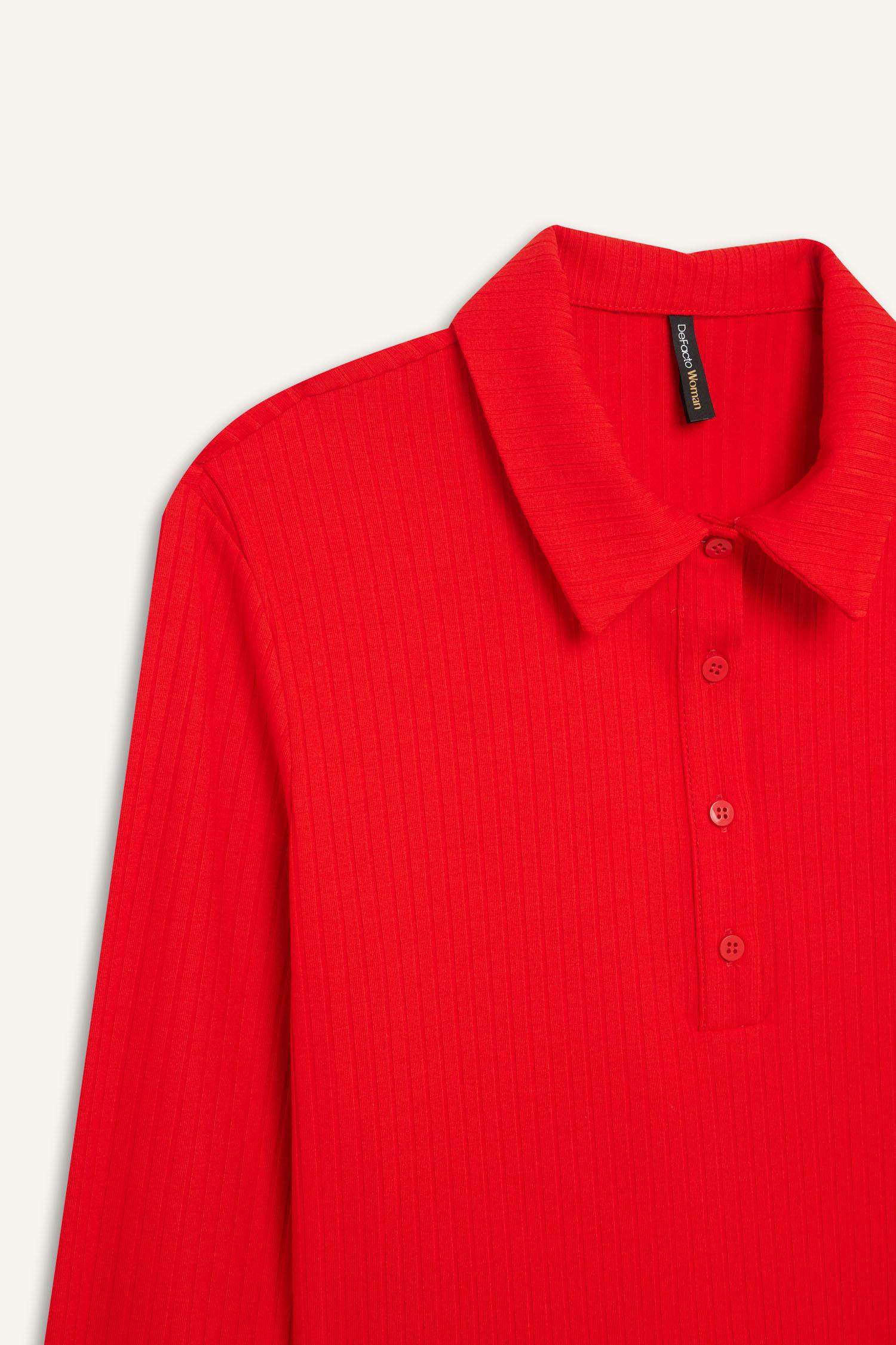 Slim Fit Dar Kesim Polo Yaka Fitilli Kaşkorse Uzun Kollu Tişört