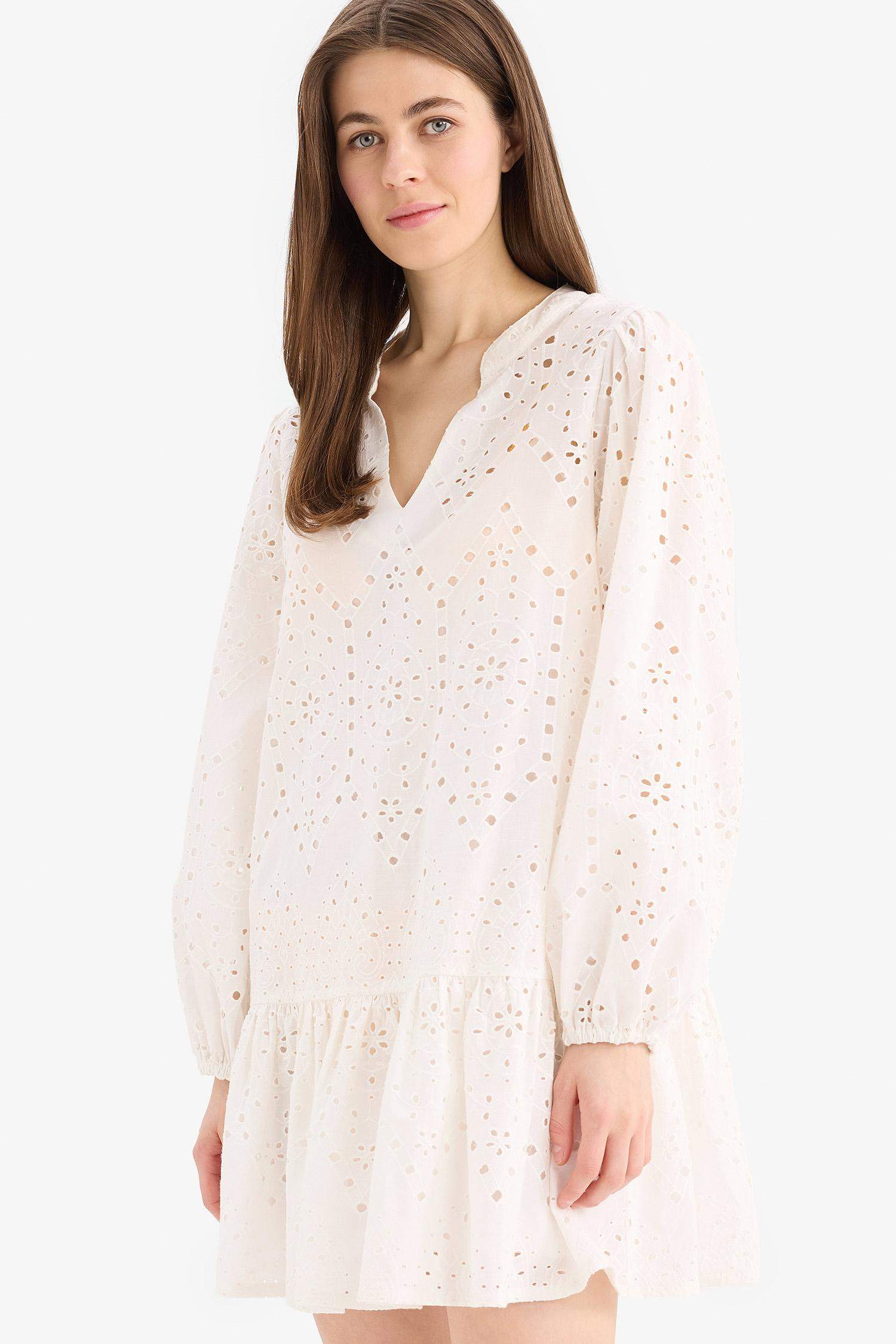 Fall in Love Embroidered Long Sleeve Mini Beach Dress