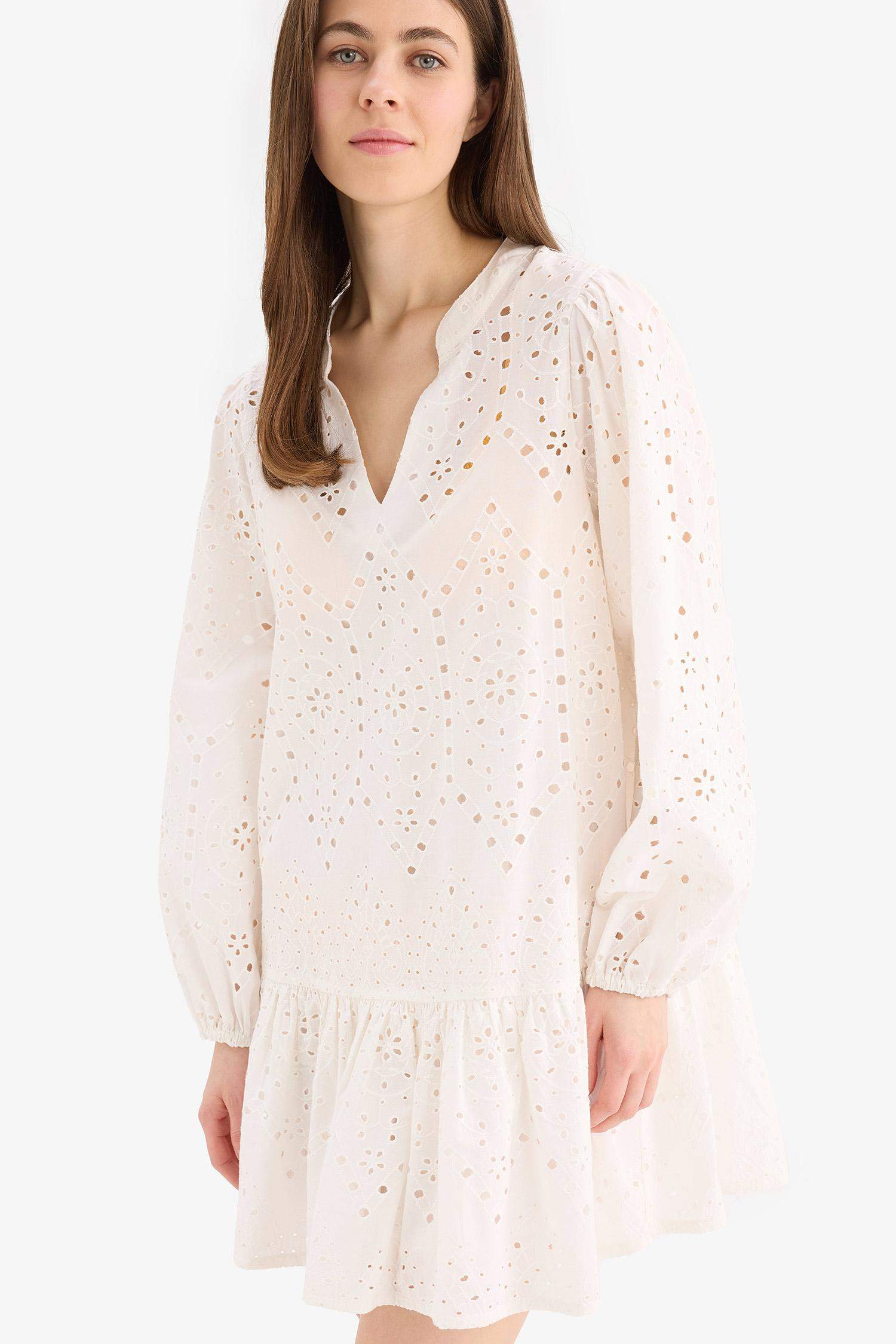 Fall in Love Embroidered Long Sleeve Mini Beach Dress