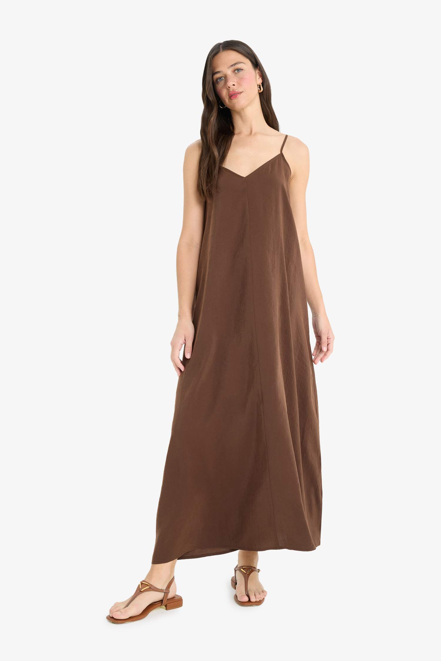 A Kesim V Yaka Modal Kolsuz Maxi Elbise