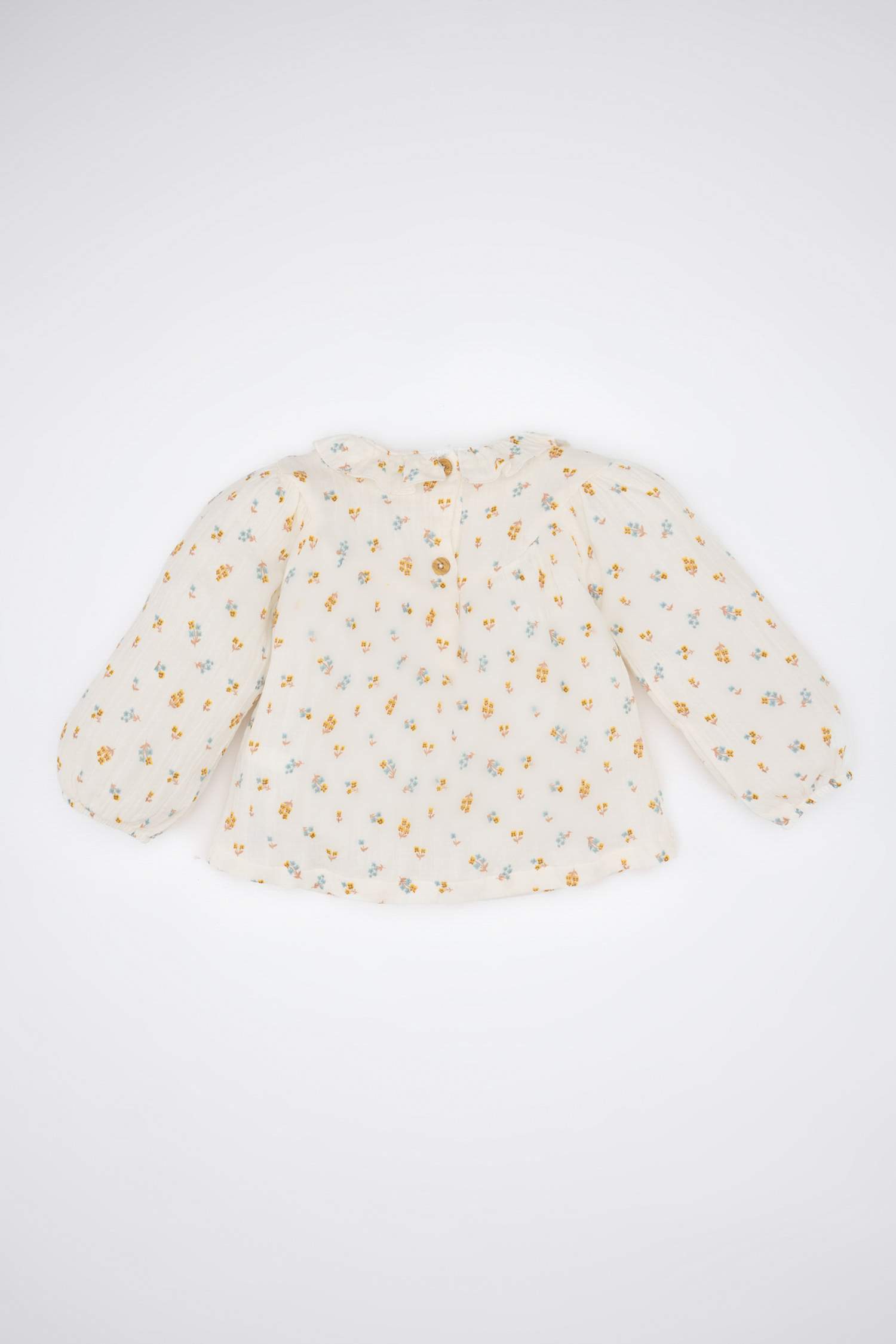 Kız Bebek Müslin Çiçek Desenli Fırfırlı Yaka Uzun Kollu Gömlek