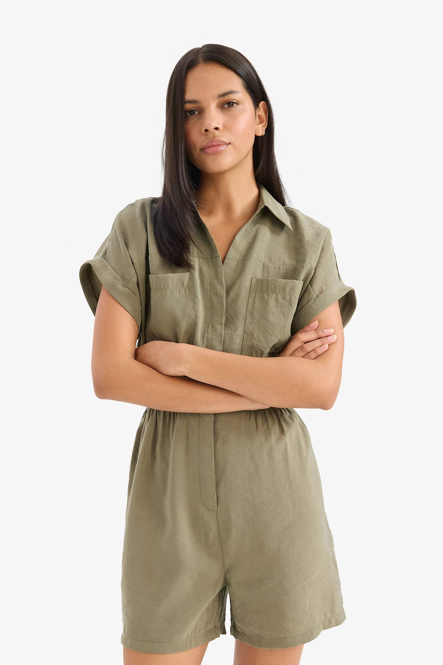 Ромпер с воротником рубашки и коротким рукавом из модала