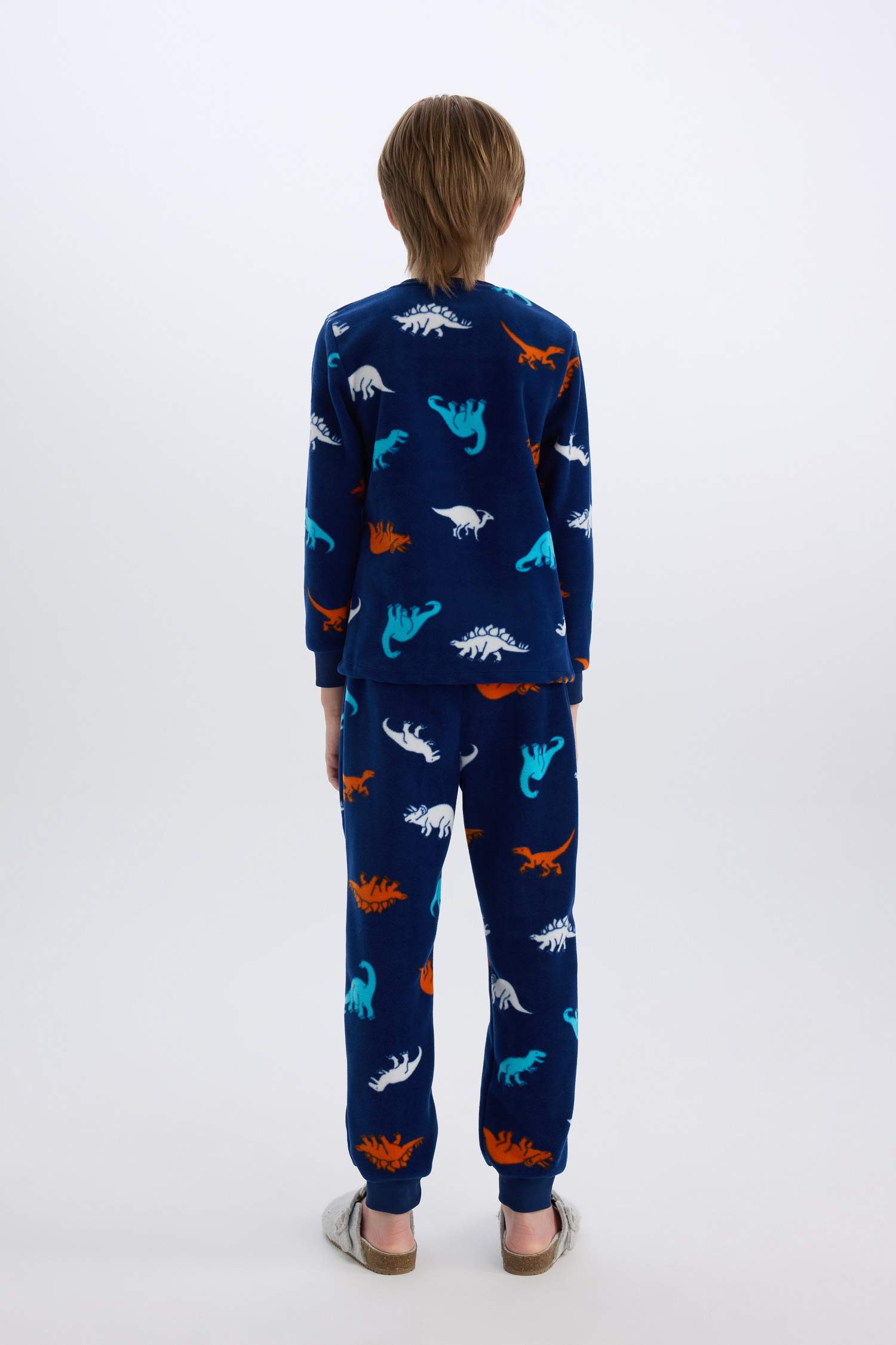 Erkek Çocuk Polar Pijama Takımı Dinozor Desenli Uzun Kollu Üst Uzun Alt