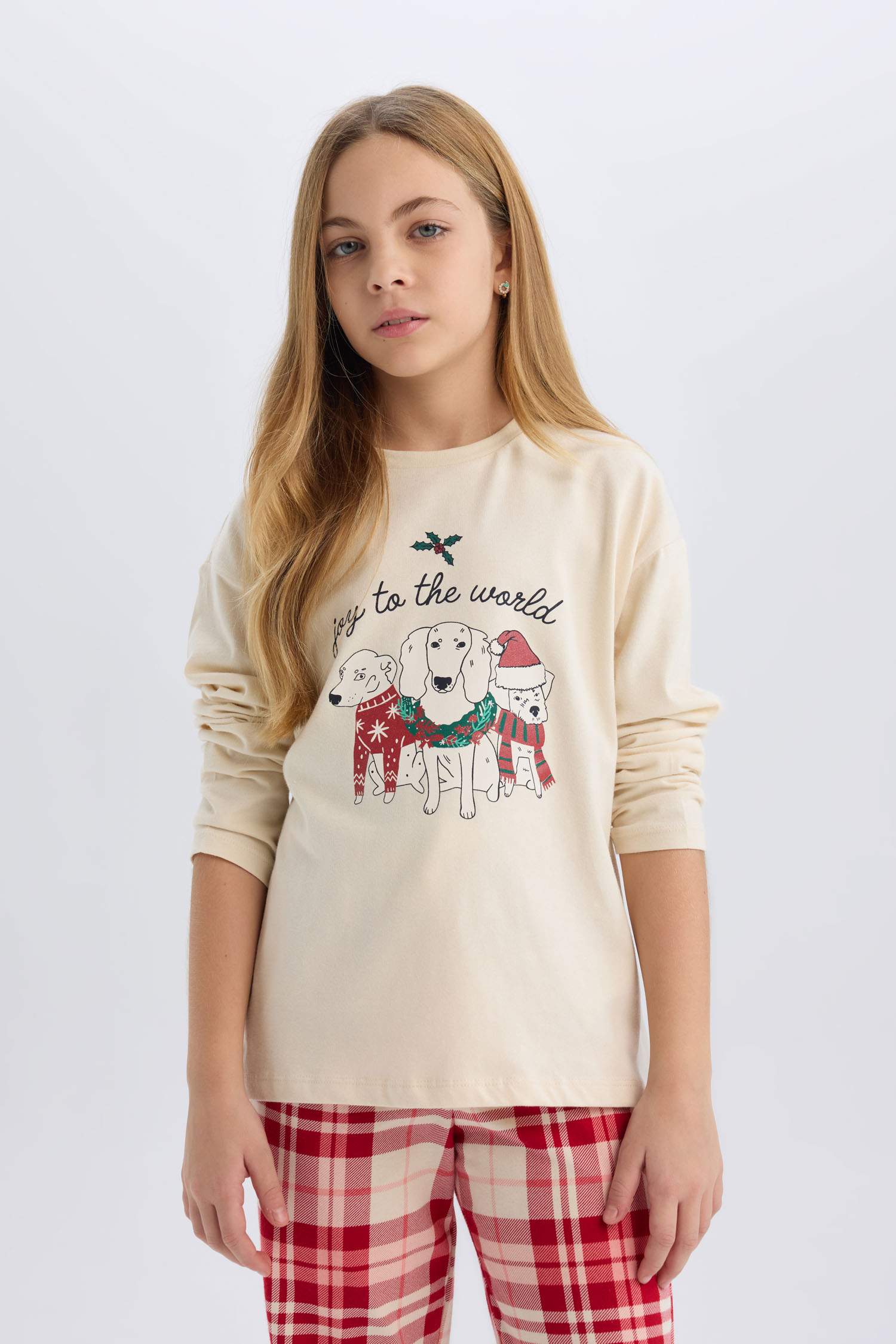 Girl Christmas Themed Top Bottom 2 Piece Pajama Set