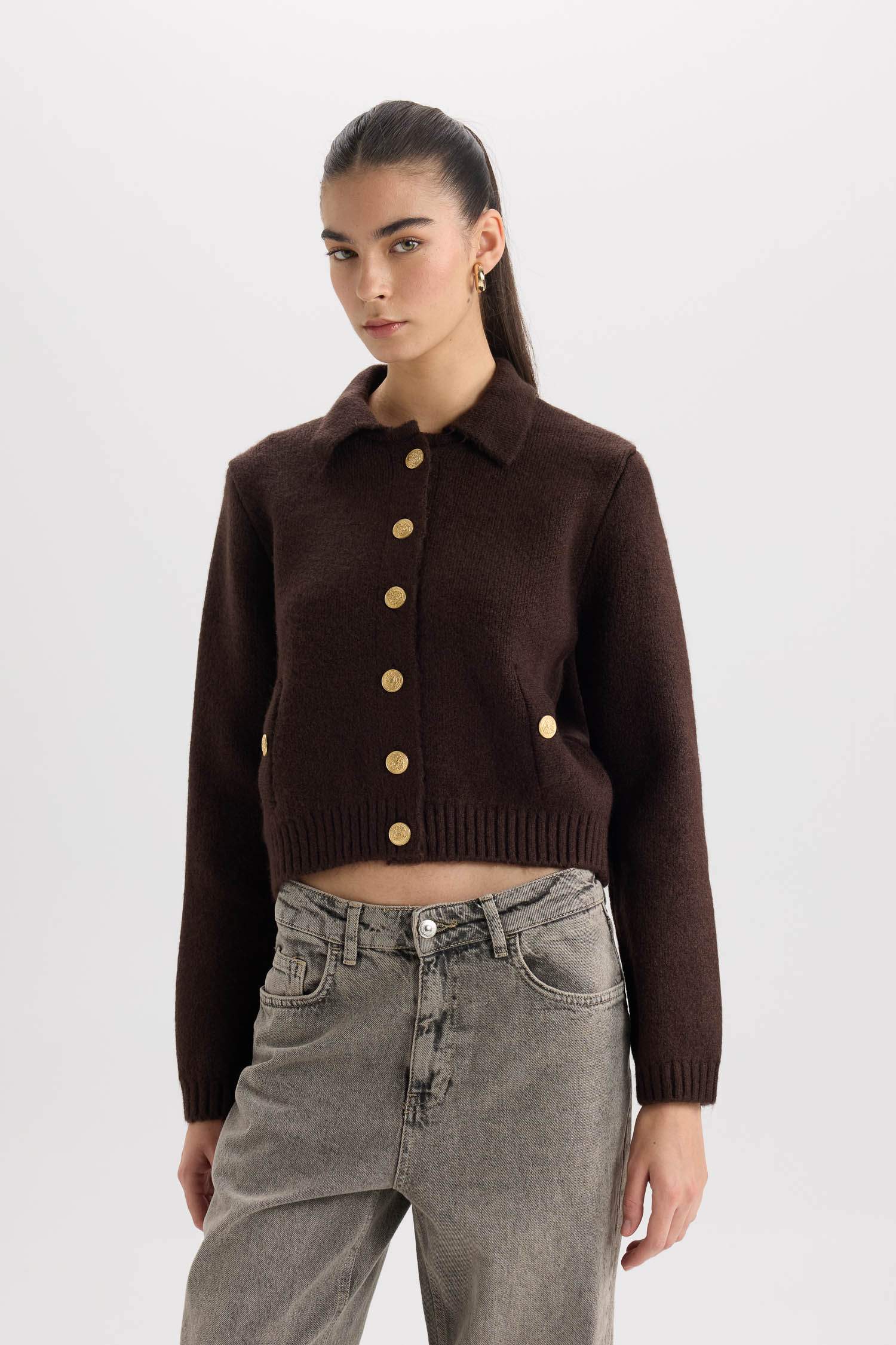 Regular Fit Polo Yaka Düğmeli Triko Hırka