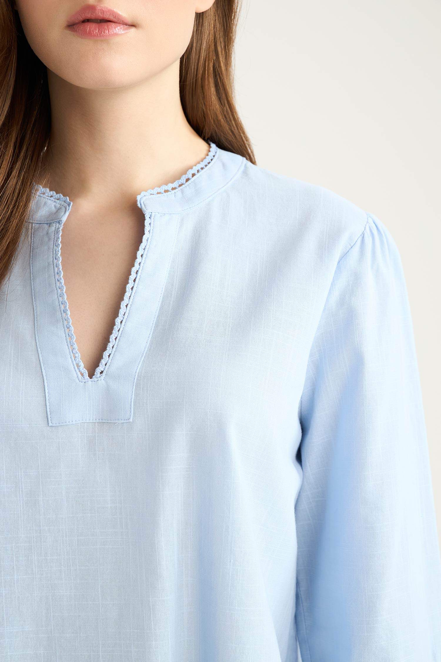 Regular Fit Bisiklet Yaka Flamlı Pamuk Uzun Kollu Bluz