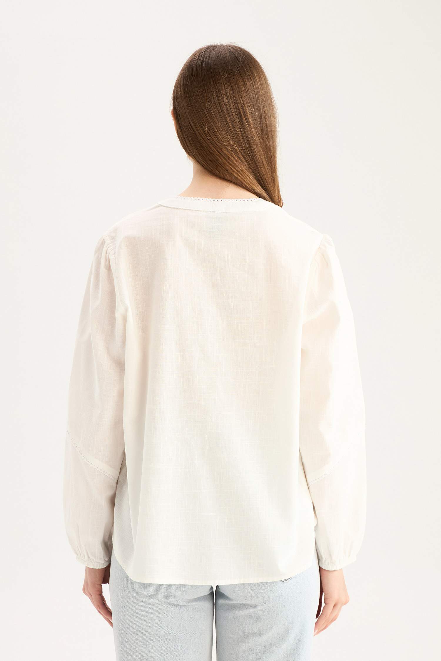 Regular Fit Bisiklet Yaka Flamlı Pamuk Uzun Kollu Bluz