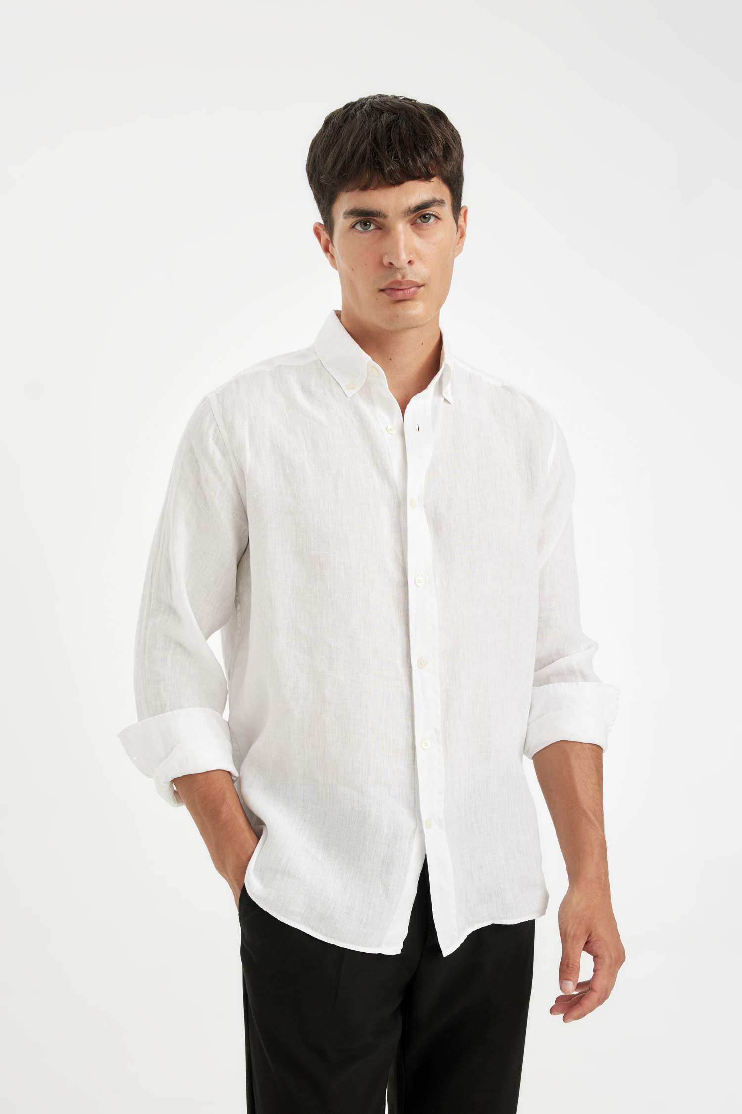 Regular Fit Polo Neck Long Sleeve Linen Shirt