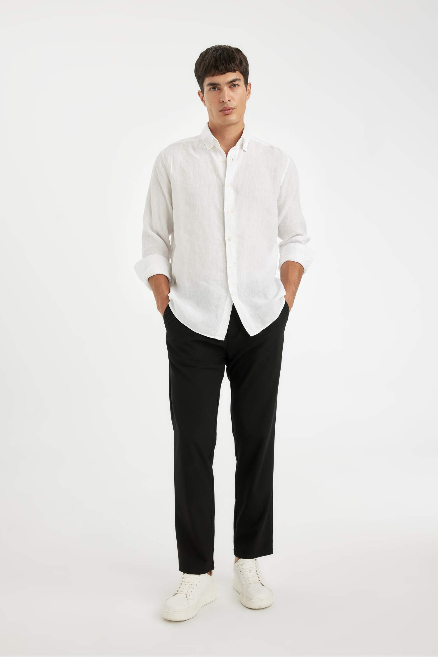 Regular Fit Polo Neck Long Sleeve Linen Shirt