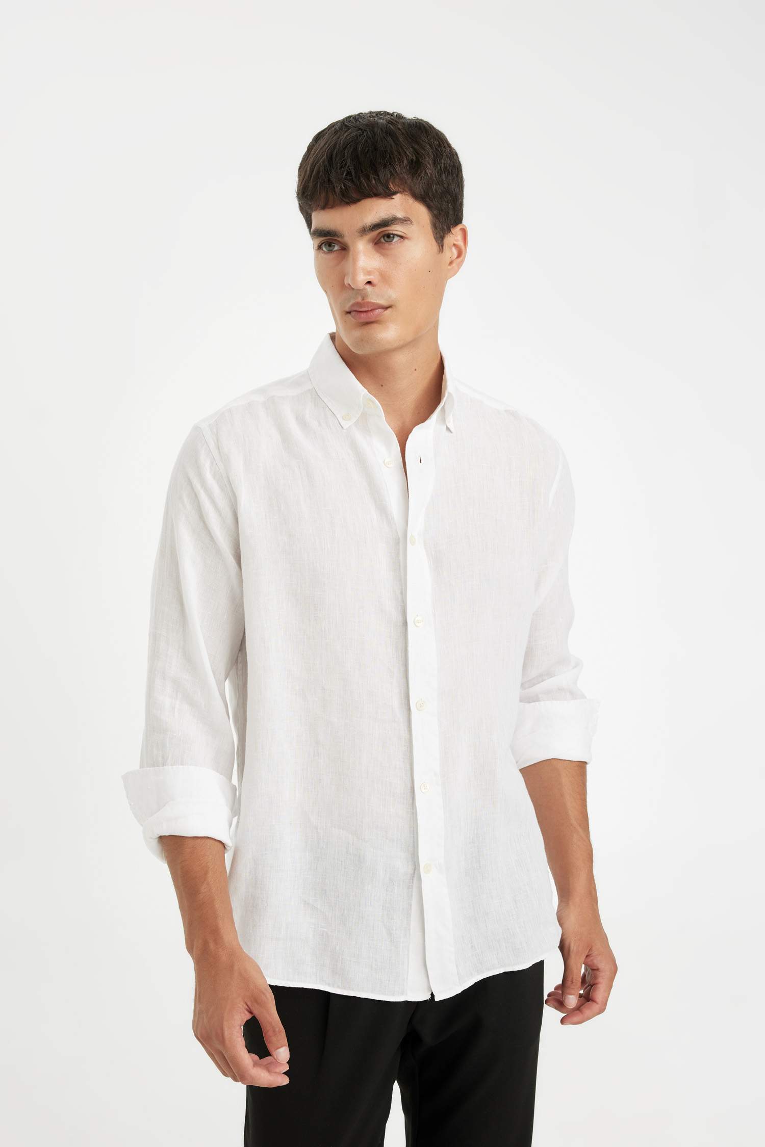 Regular Fit Polo Neck Long Sleeve Linen Shirt