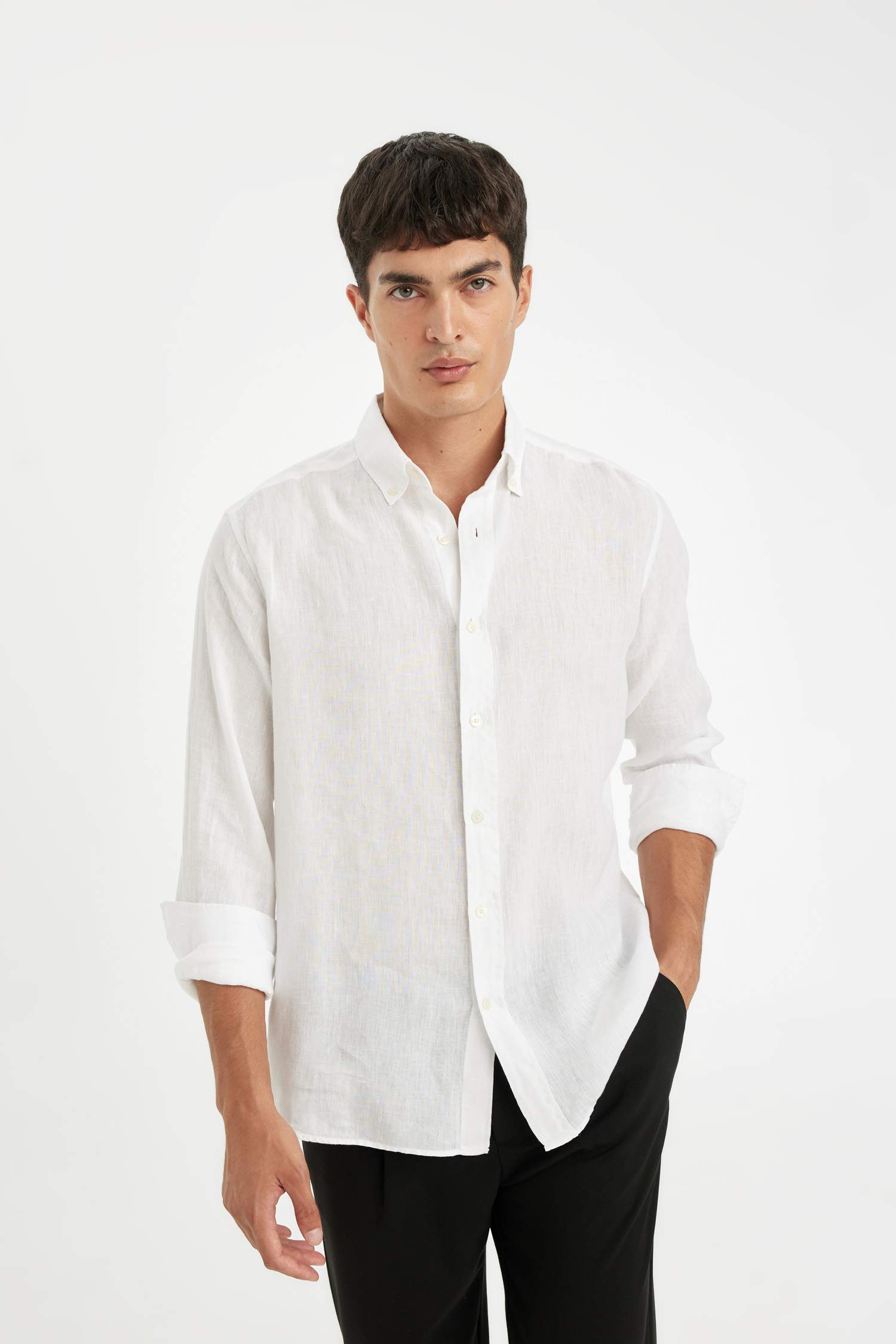 Regular Fit Polo Neck Long Sleeve Linen Shirt
