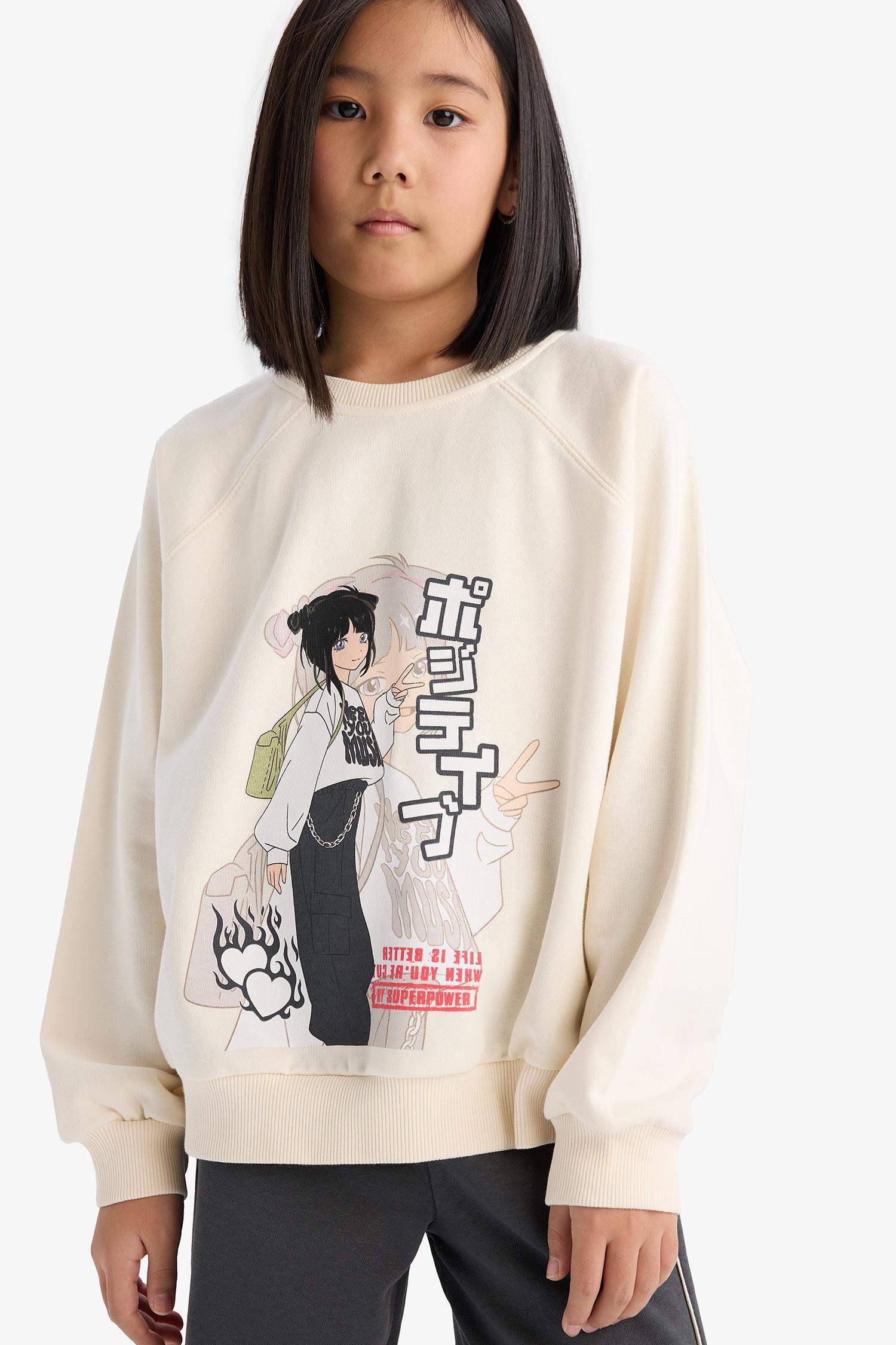 Girl Relax Fit Crew Neck Anime Printed Sweatshirt