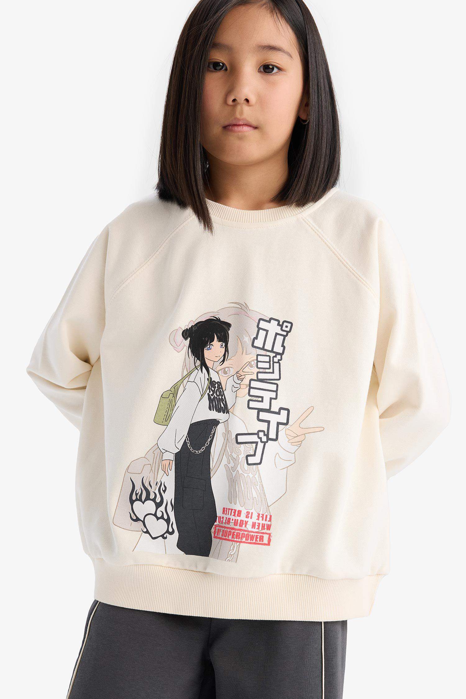 Girl Relax Fit Crew Neck Anime Printed Sweatshirt