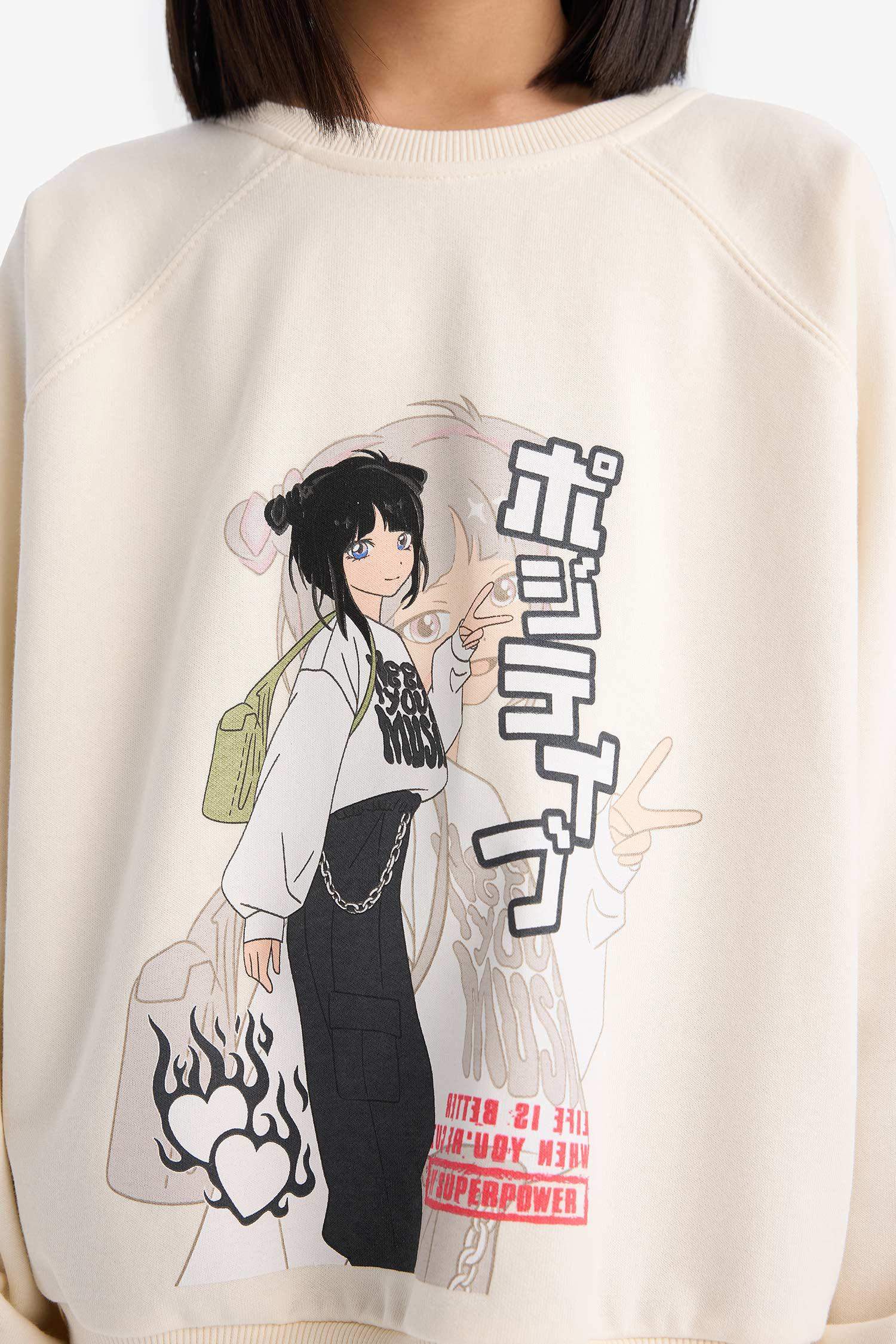 Girl Relax Fit Crew Neck Anime Printed Sweatshirt