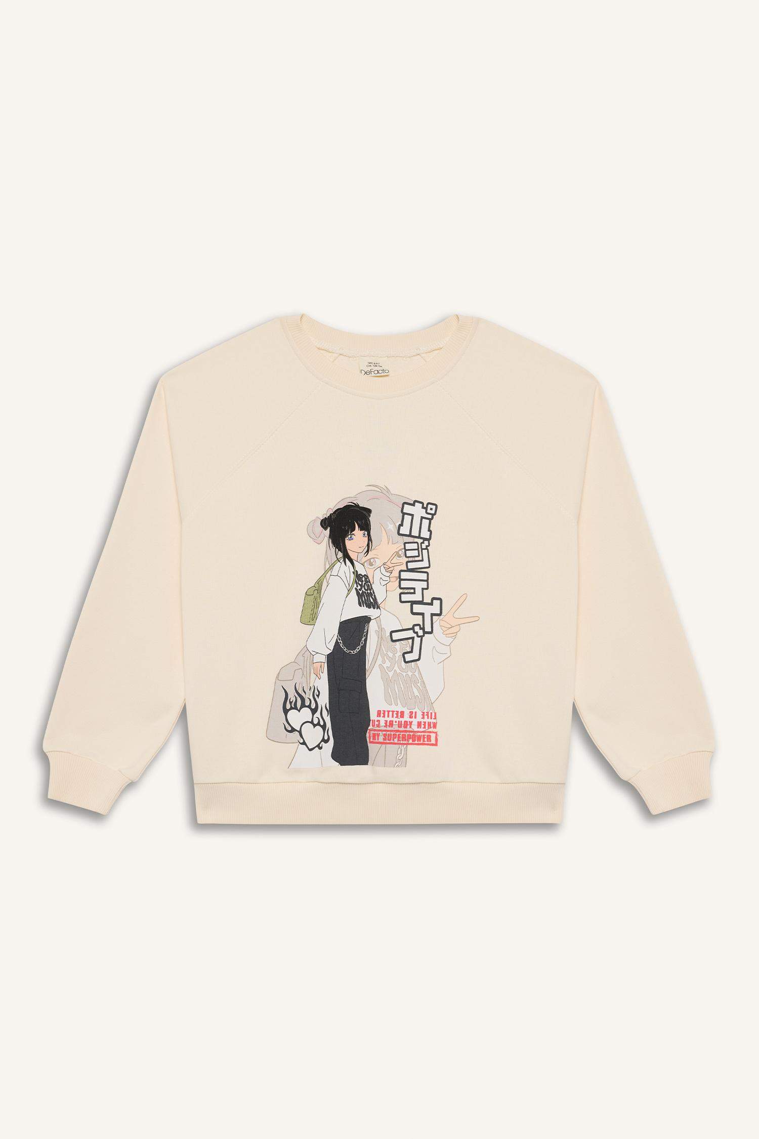 Girl Relax Fit Crew Neck Anime Printed Sweatshirt