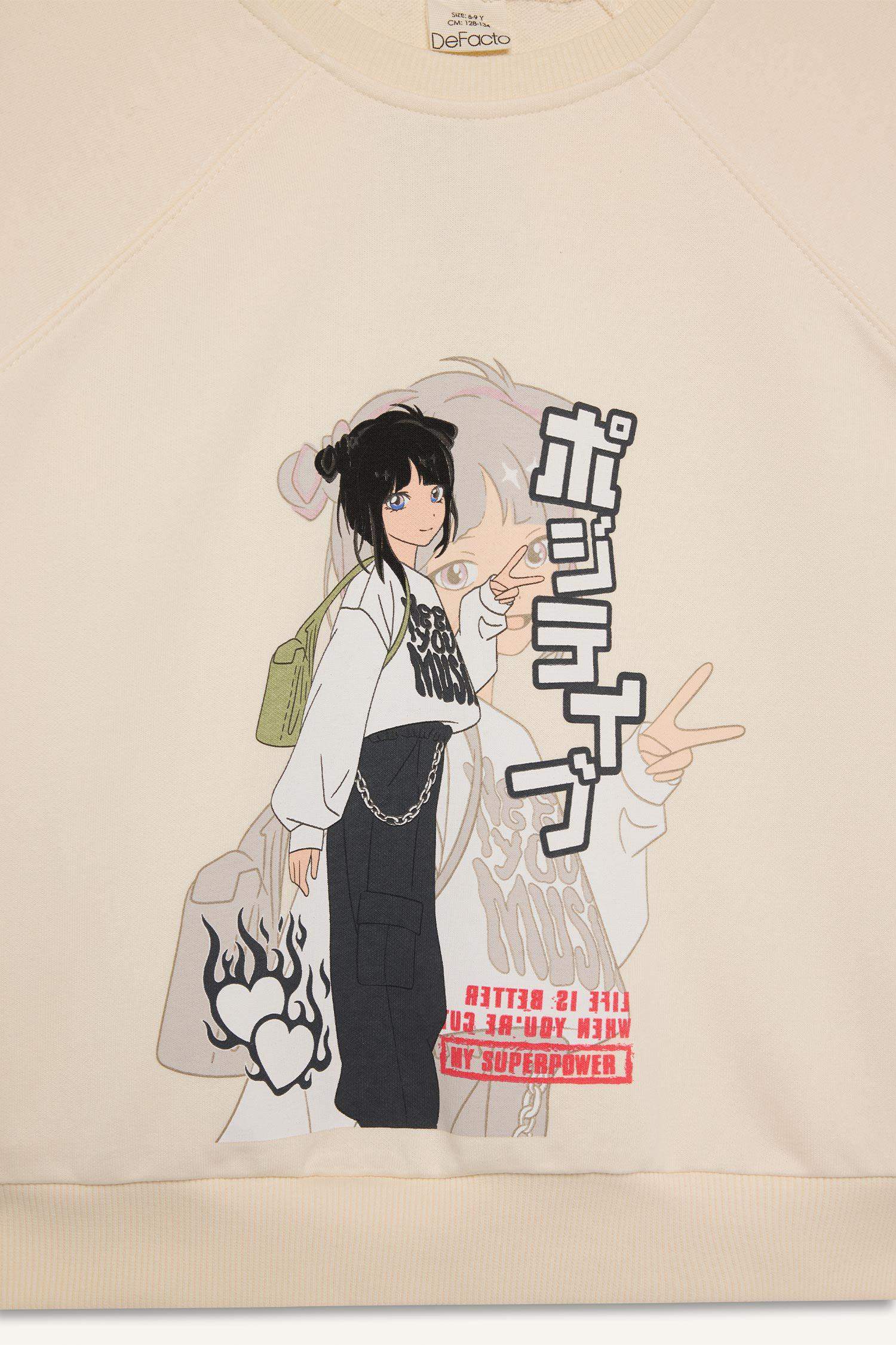 Girl Relax Fit Crew Neck Anime Printed Sweatshirt
