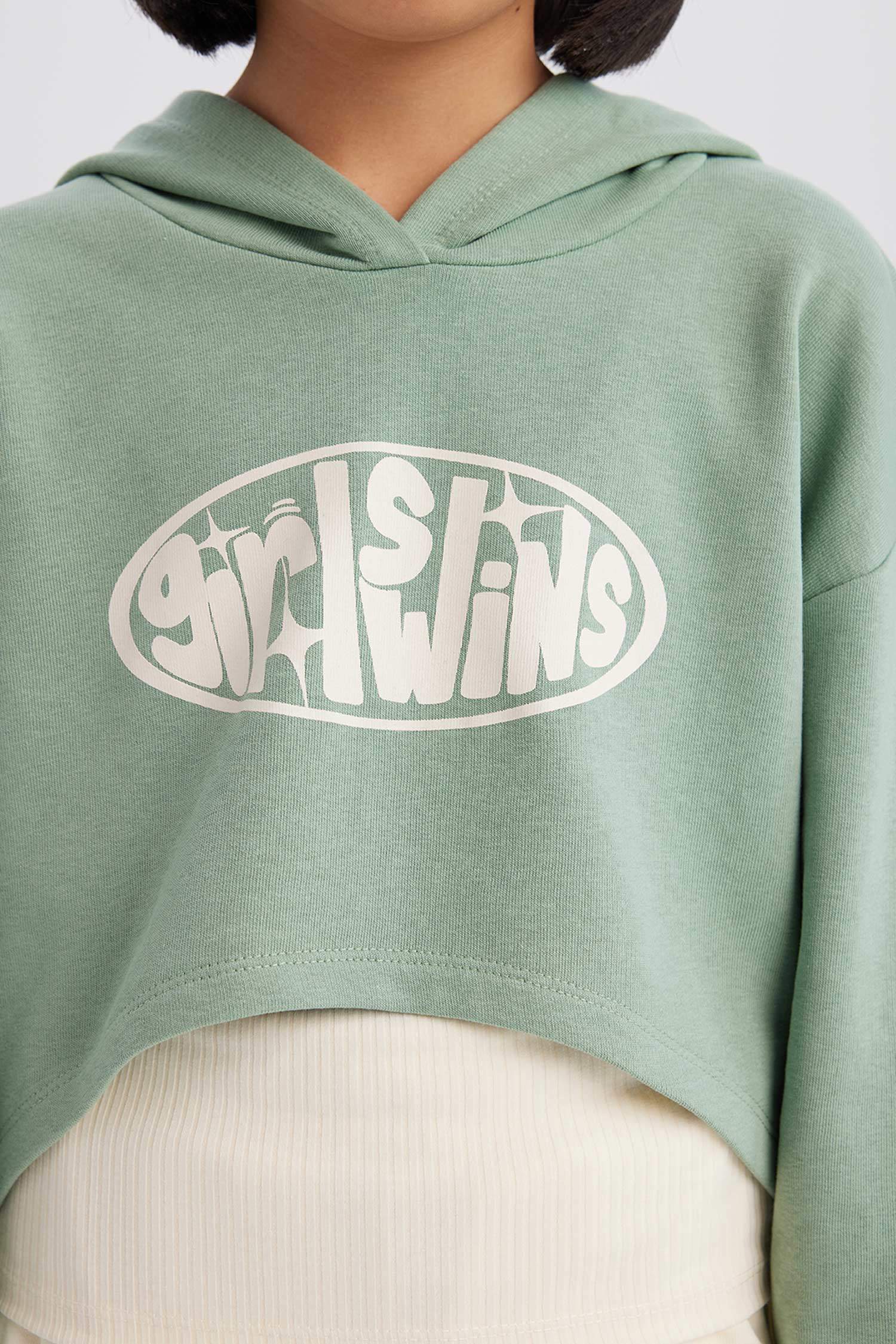 Kız Çocuk 2'li Takım Crop Kapüşonlu Baskılı Sweatshirt Atlet