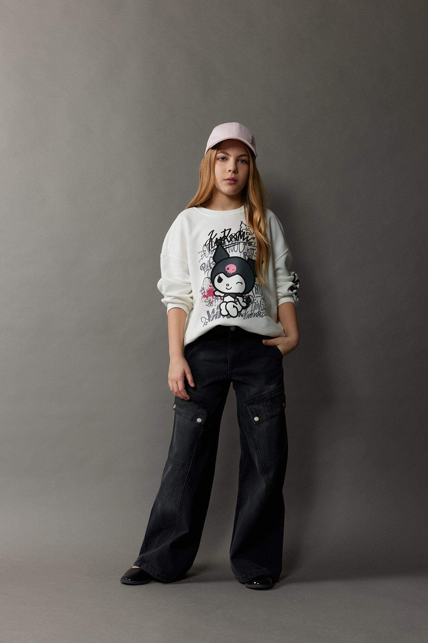 Kız Çocuk Kuromi Oversize Geniş Kalıp Bisiklet Yaka Sweatshirt