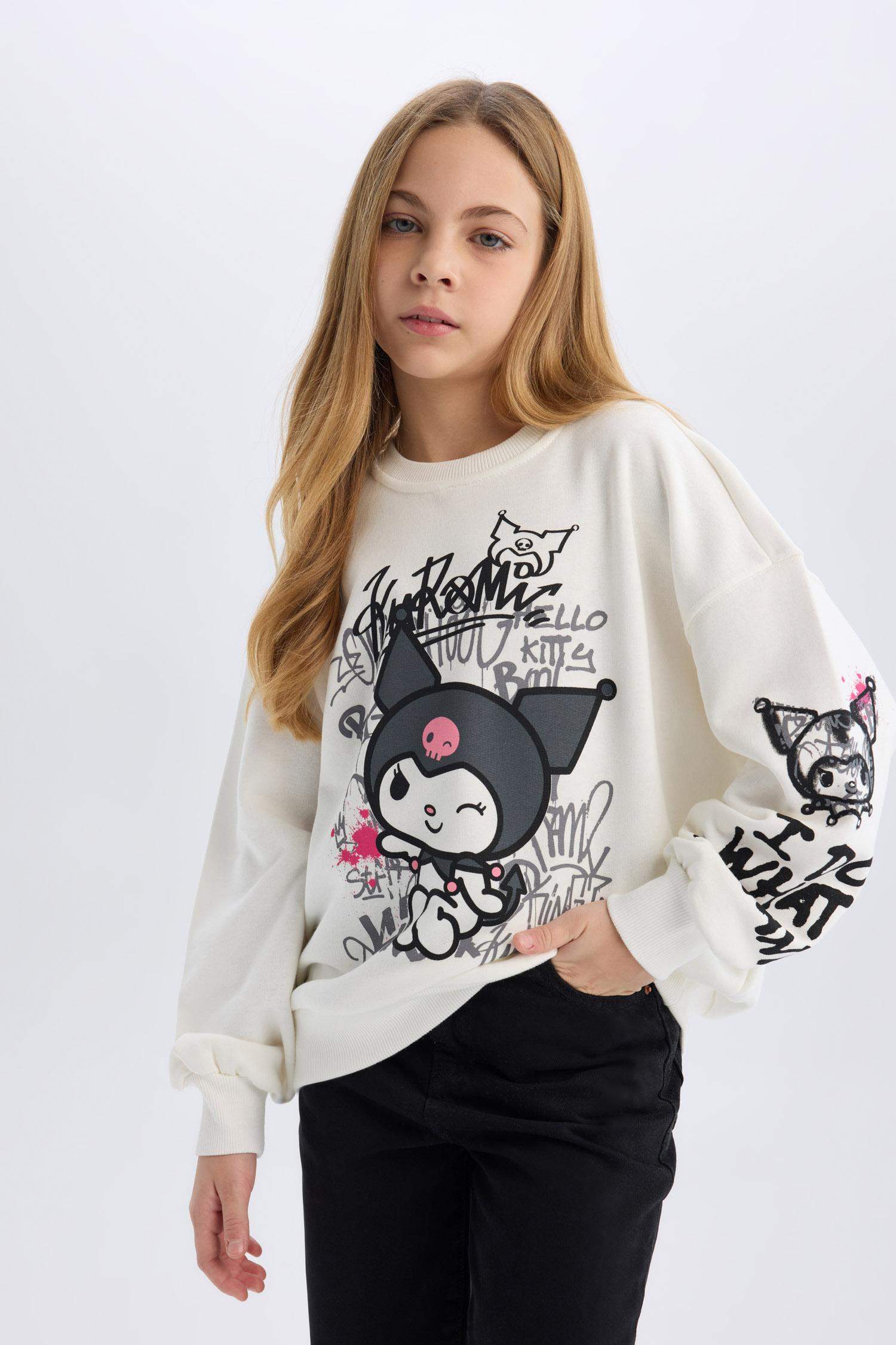 Kız Çocuk Kuromi Oversize Geniş Kalıp Bisiklet Yaka Sweatshirt