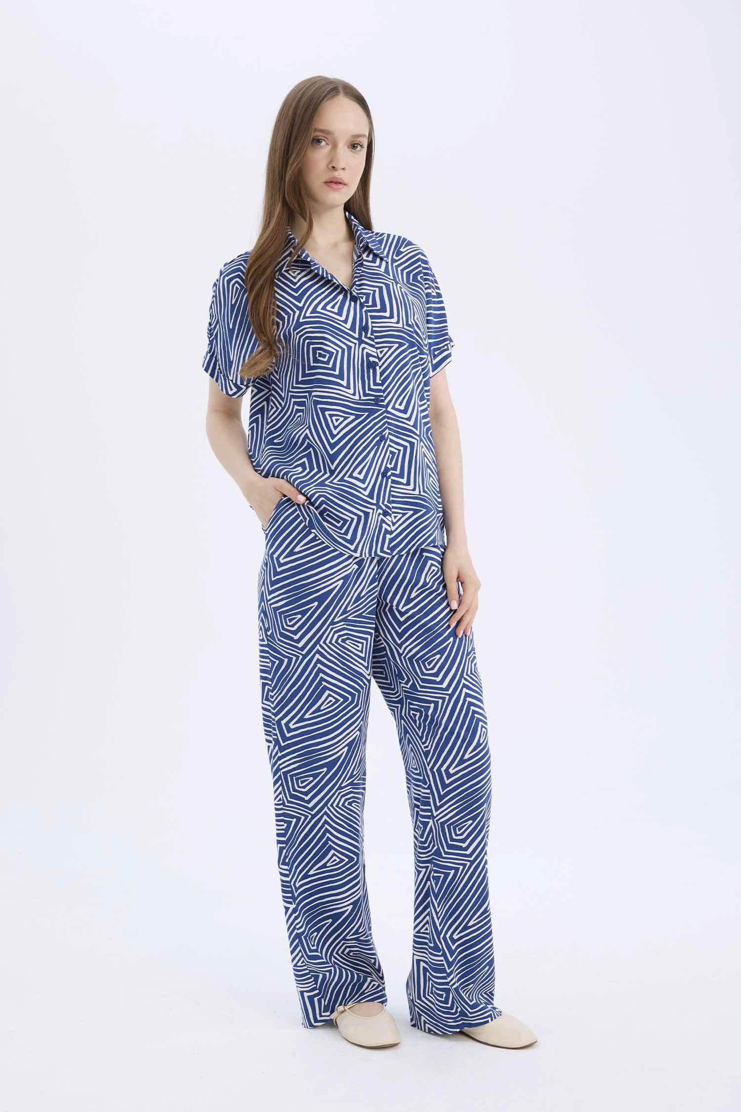 Regular Fit Desenli Beli Lastikli Düz Paça Pantolon