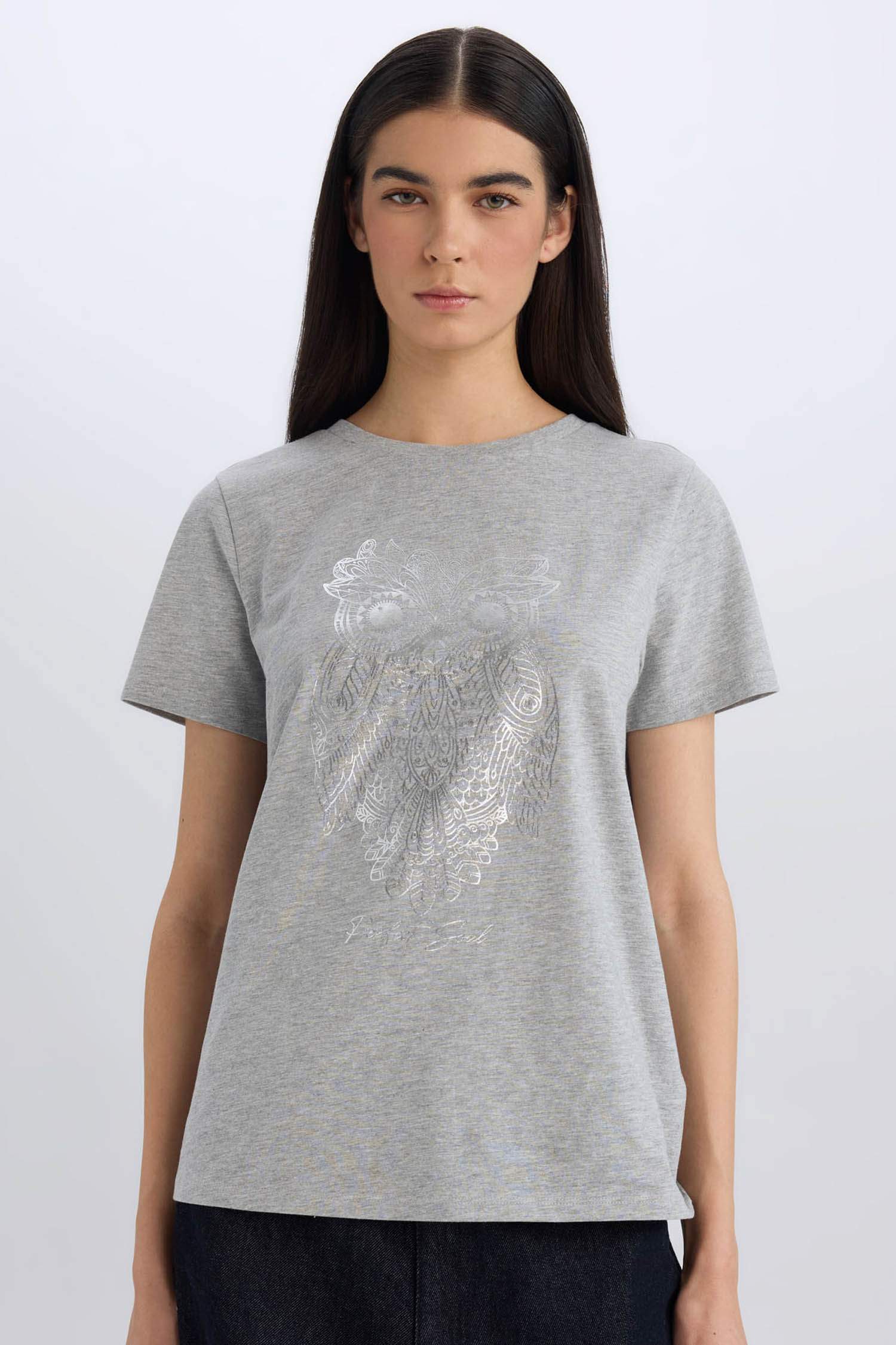 Regular Fit Crew Neck Owl Pattern Short Sleeve T-Shirt