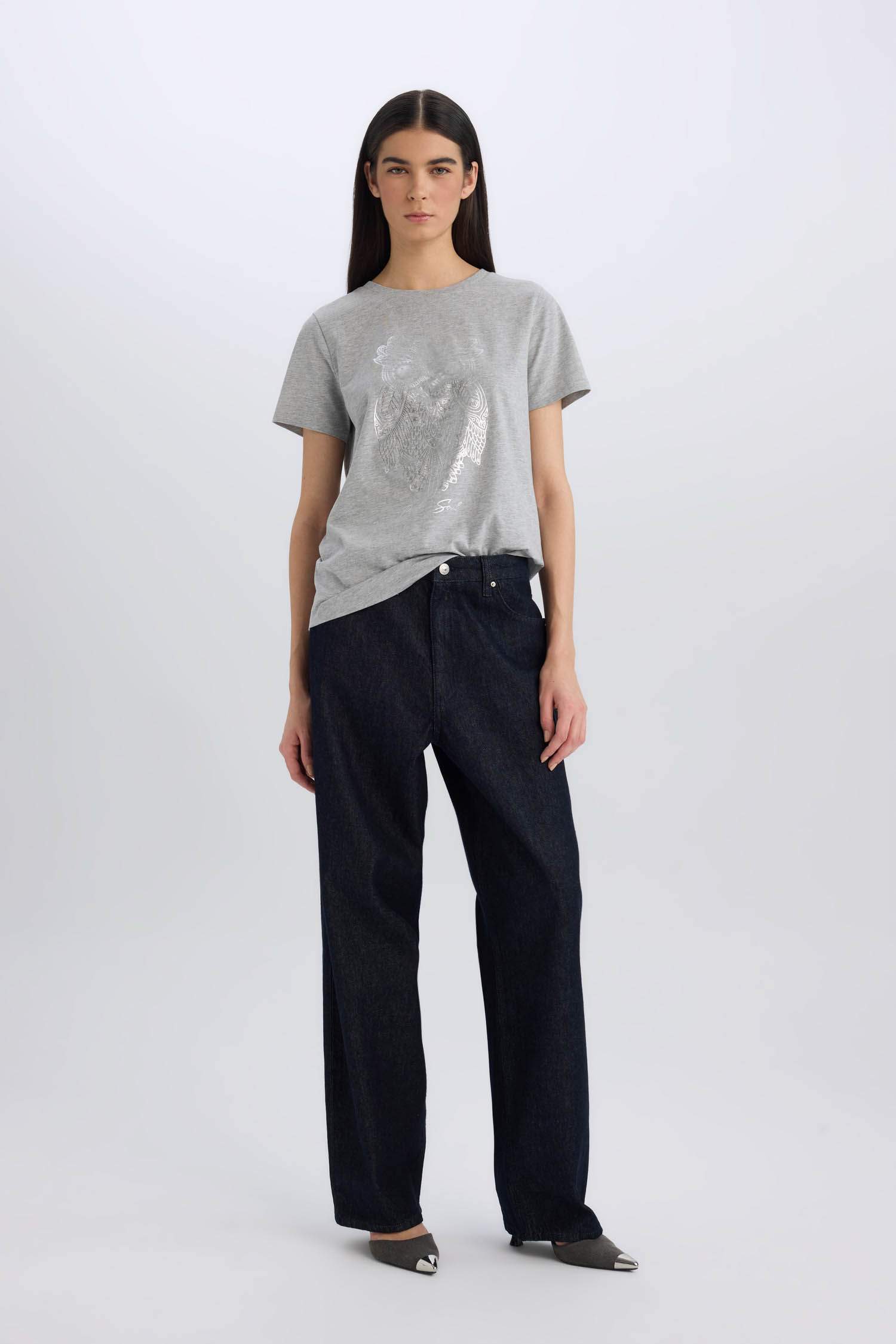 Regular Fit Crew Neck Owl Pattern Short Sleeve T-Shirt