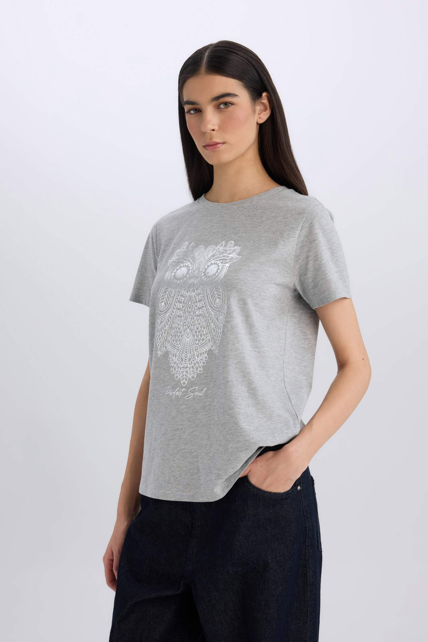 Regular Fit Crew Neck Owl Pattern Short Sleeve T-Shirt