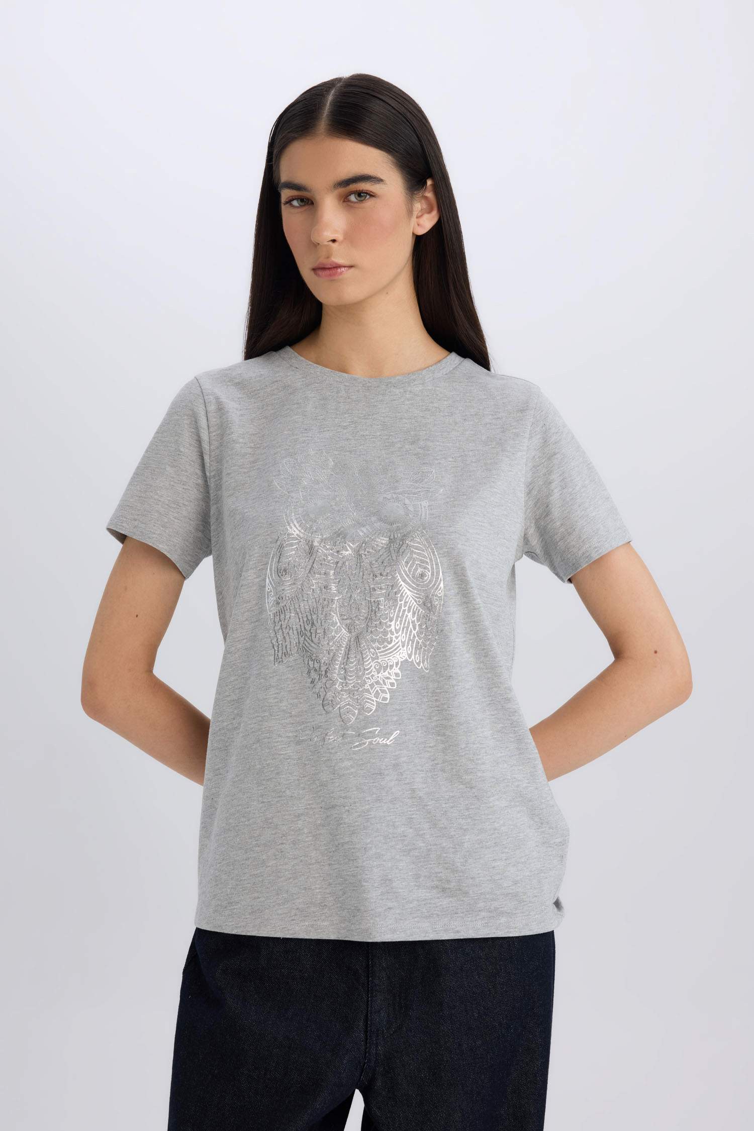 Regular Fit Crew Neck Owl Pattern Short Sleeve T-Shirt