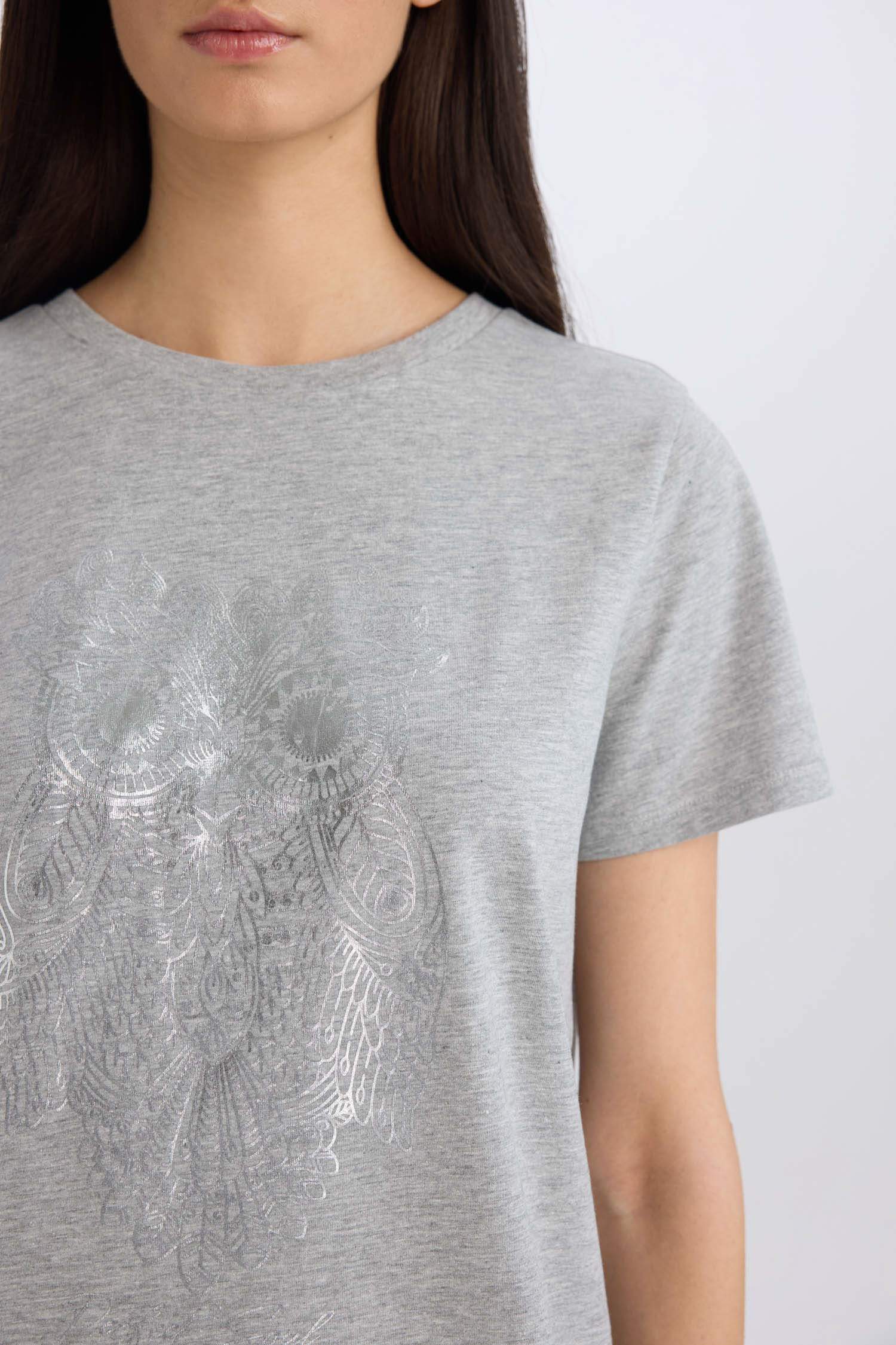 Regular Fit Crew Neck Owl Pattern Short Sleeve T-Shirt