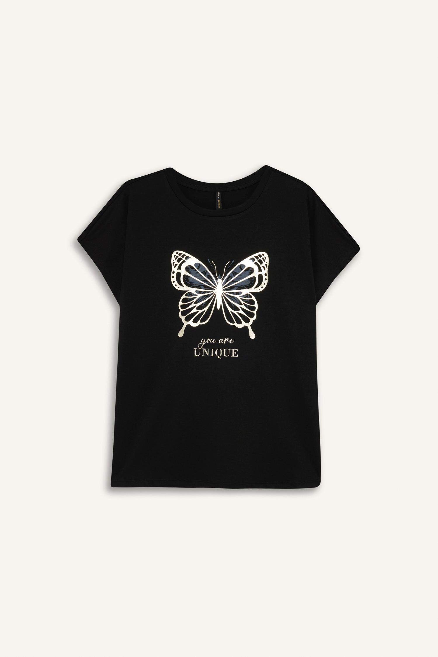 Bisiklet Yaka Kelebek Baskılı Kısa Kollu Tişört