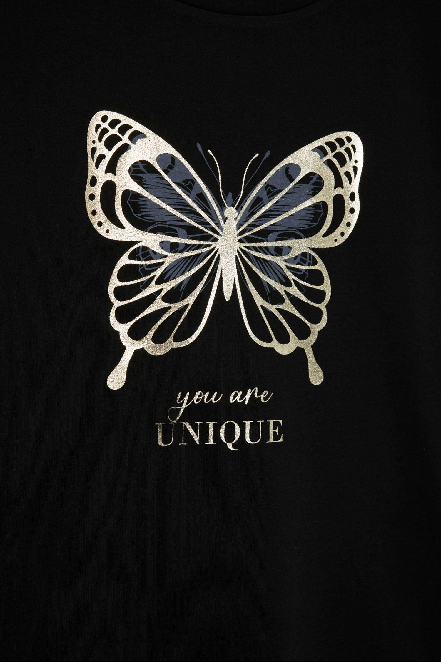 Bisiklet Yaka Kelebek Baskılı Kısa Kollu Tişört