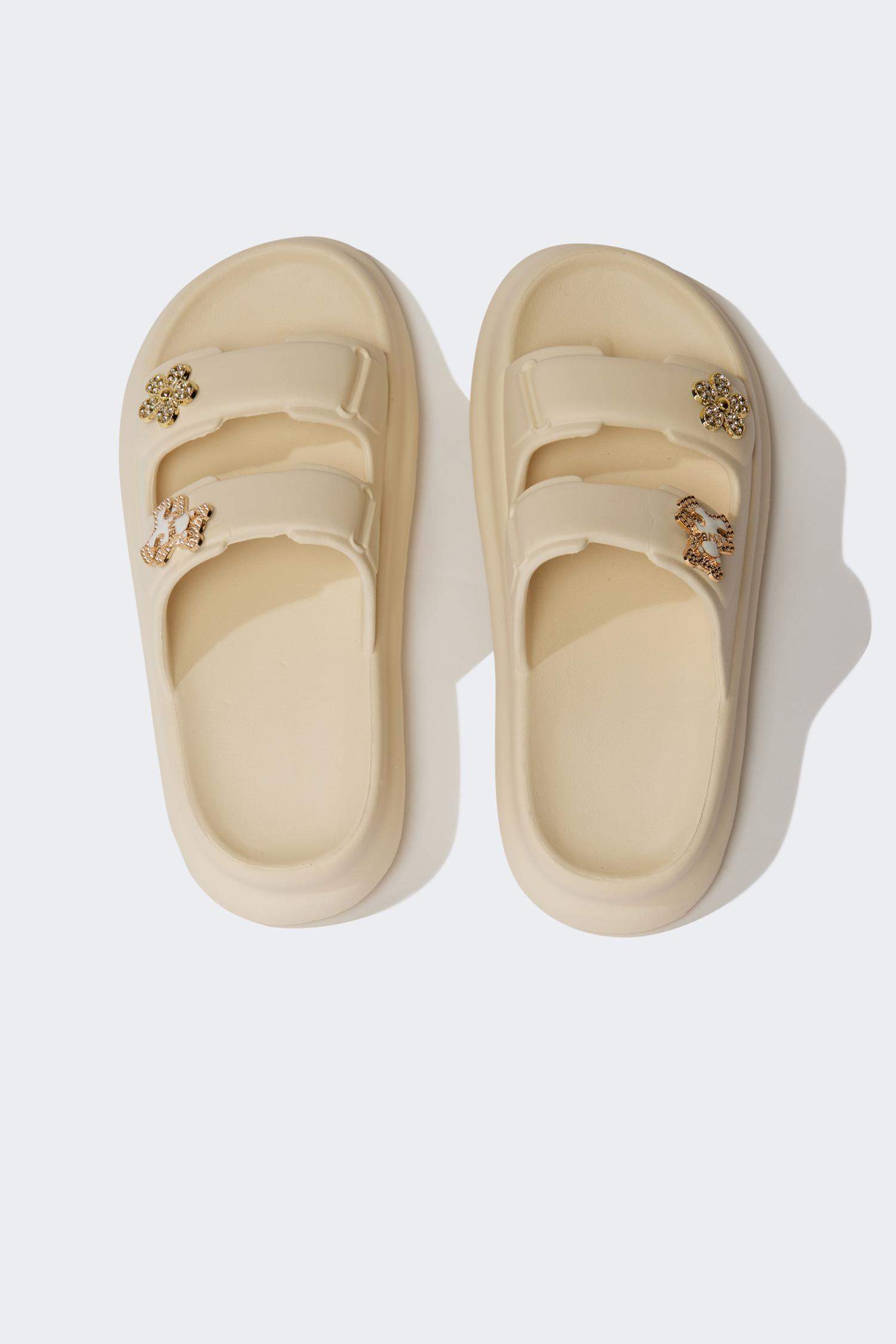 شبشب حريمي إيفا بكعب مسطح بشريط مزدوج بيج