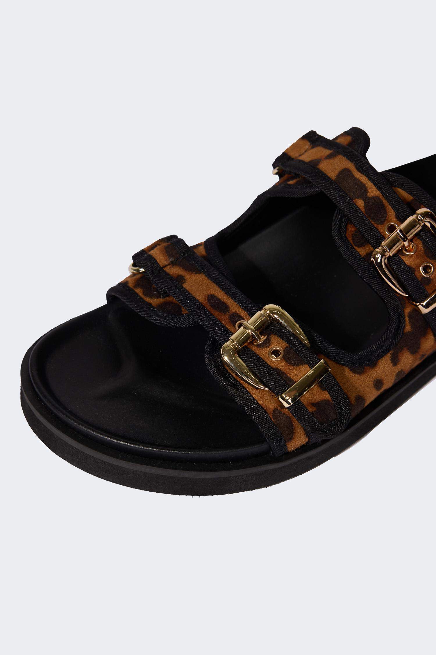 Kadın Leopar Desenli Çift Bantlı Düz Taban Terlik