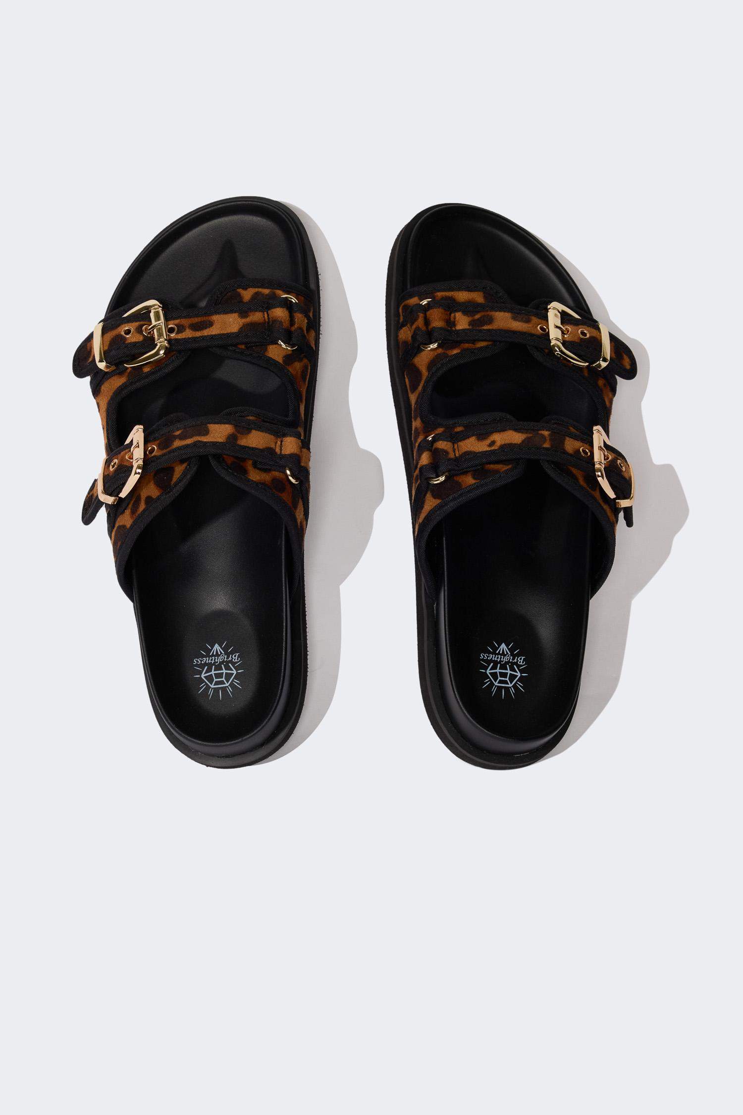 Kadın Leopar Desenli Çift Bantlı Düz Taban Terlik
