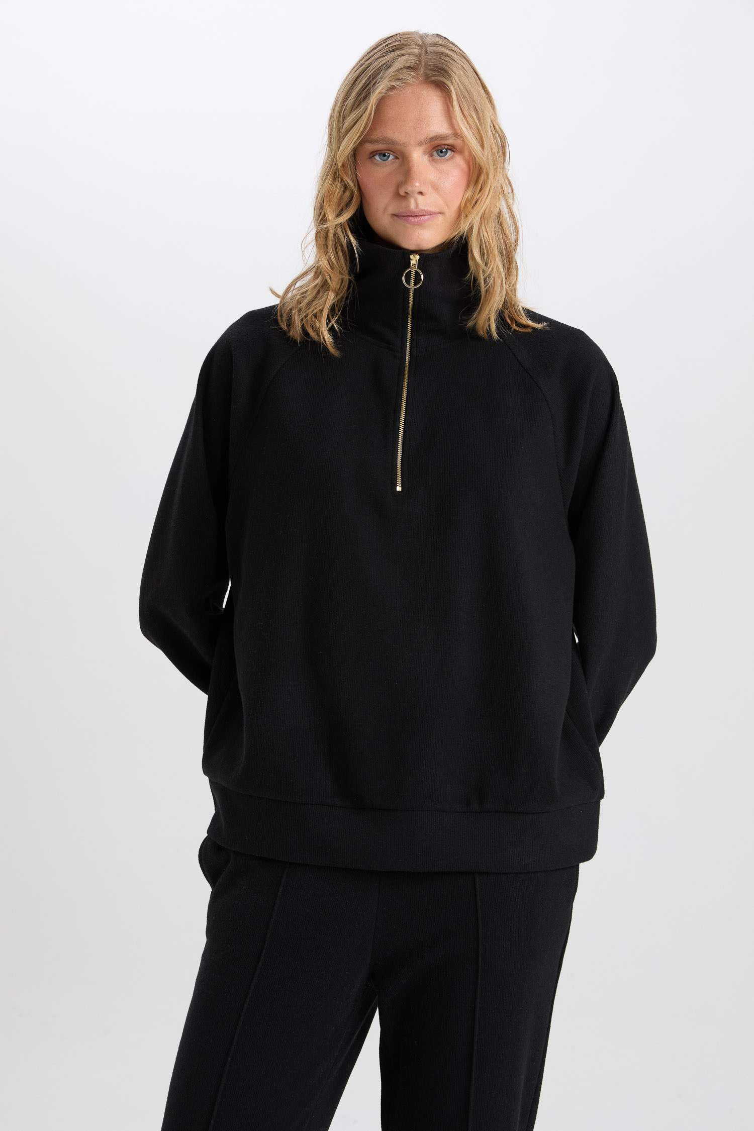 Sweat-shirt Coupe Régulière à manches longues et Col montant à Fermeture Zip