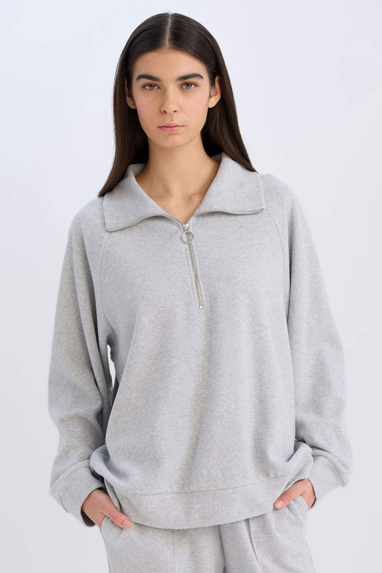 Regular Fit Yarım Fermuarlı Dik Yaka Basic Düz Sweatshirt