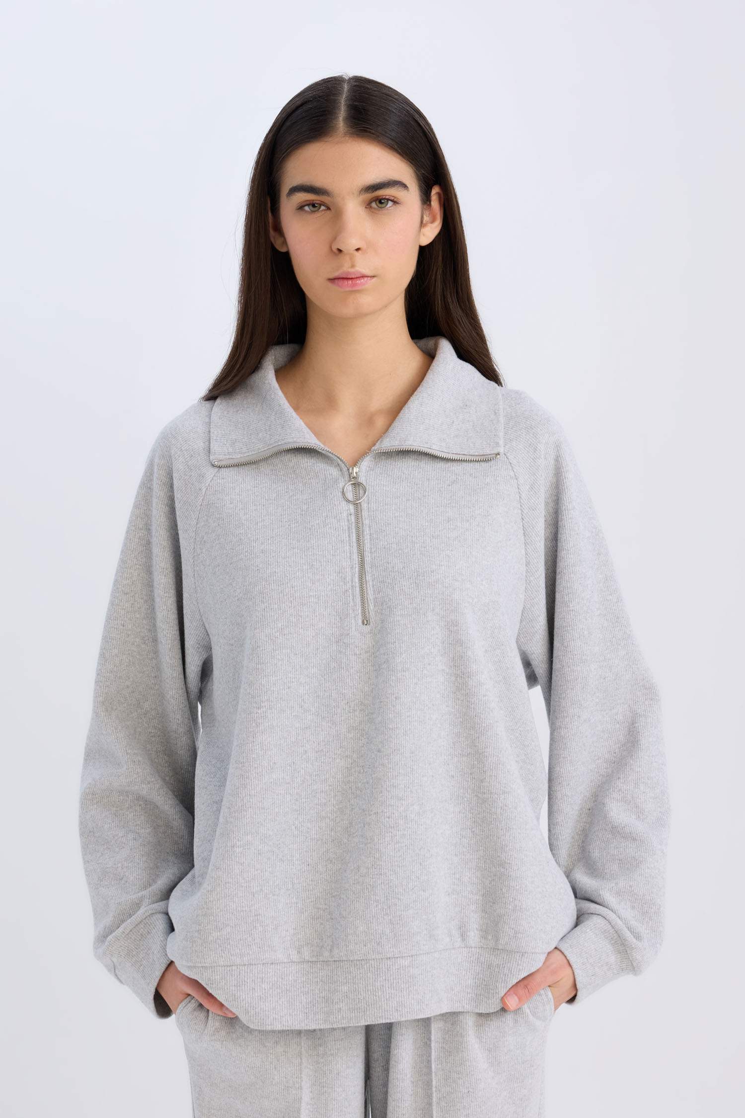 Regular Fit Yarım Fermuarlı Dik Yaka Basic Düz Sweatshirt