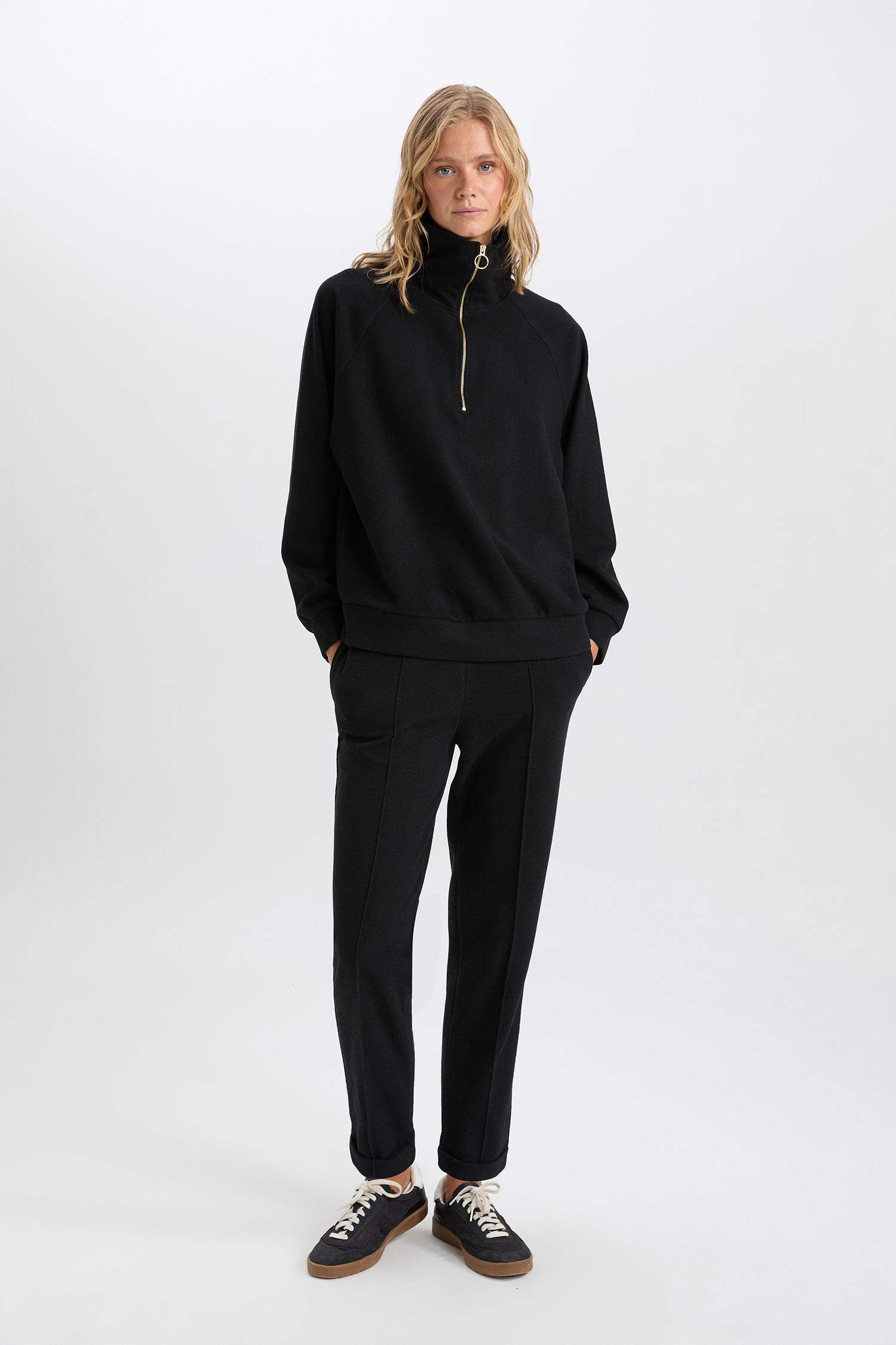 Pantolon Beli Lastikli Basic Düz Bağcıklı Cepli Paça Katlamalı Uzun Boy Siyah