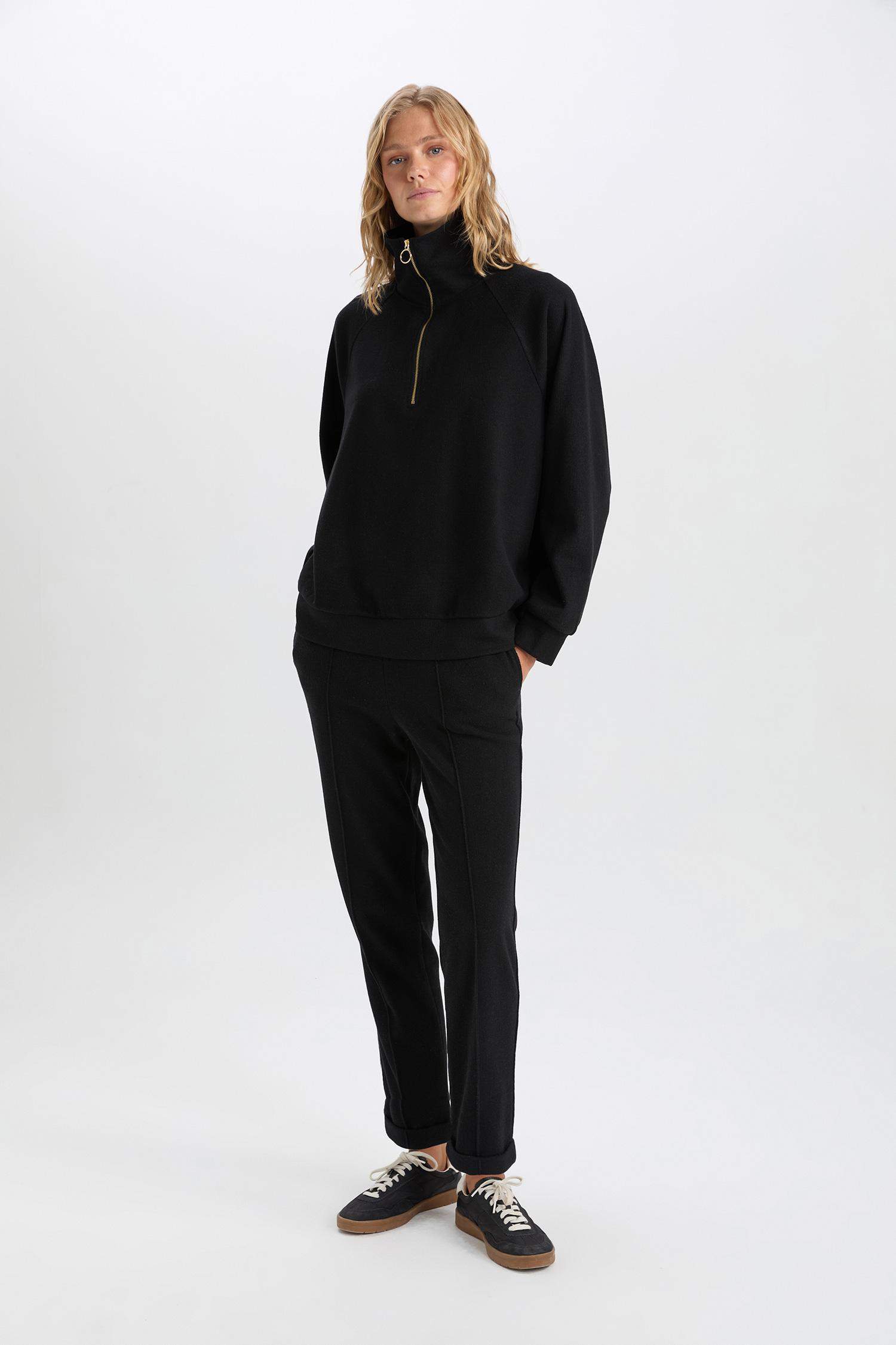 Pantolon Beli Lastikli Basic Düz Bağcıklı Cepli Paça Katlamalı Uzun Boy Siyah