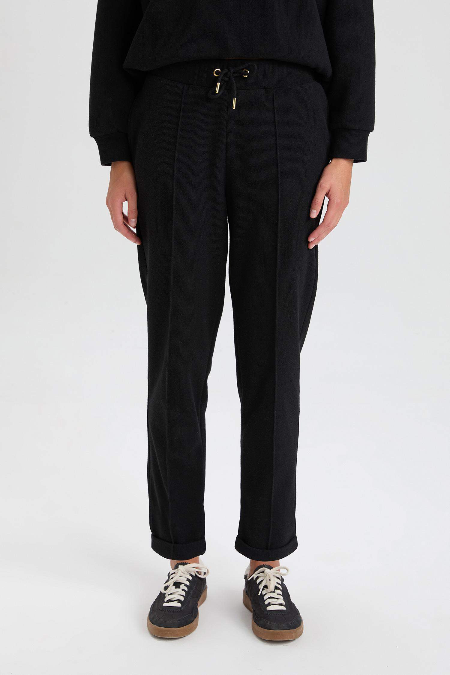 Pantolon Beli Lastikli Basic Düz Bağcıklı Cepli Paça Katlamalı Uzun Boy Siyah