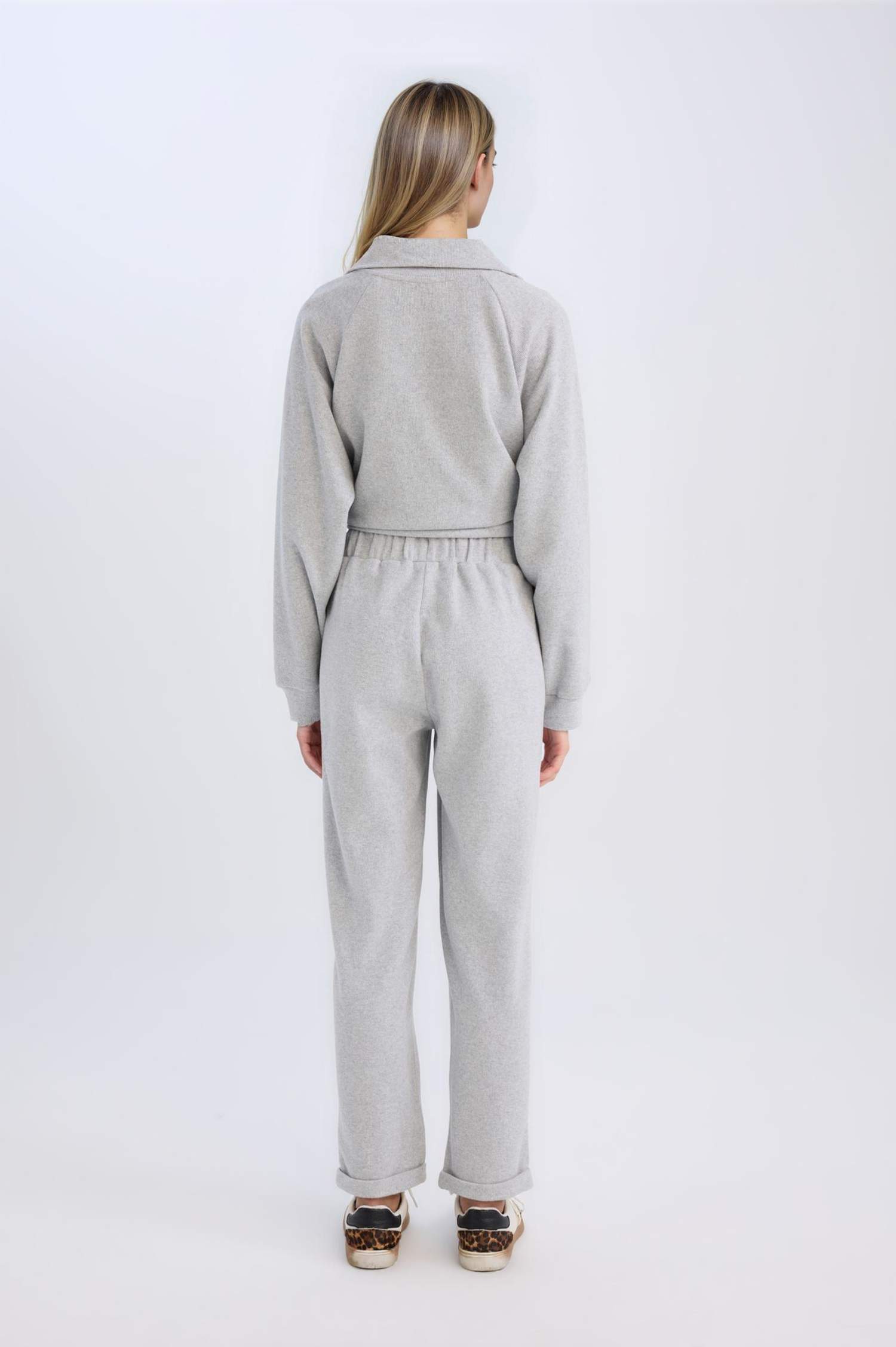 Regular Fit Pantolon Beli Lastikli Basic Düz Bağcıklı Cepli Paça Katlamalı Uzun Boy