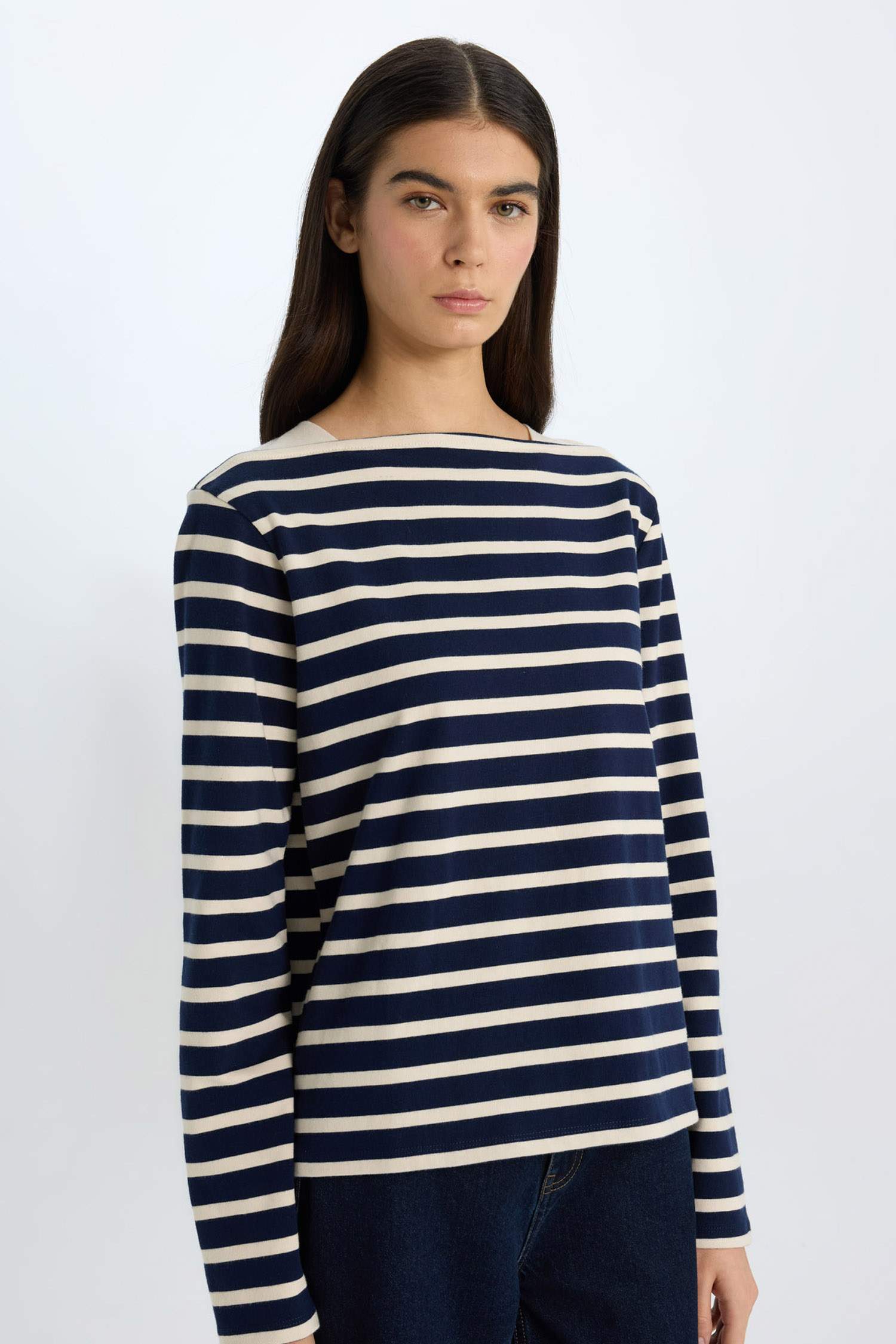 Regular Fıt Bisiklet Yaka Çizgili Penye Uzun Kollu Tişört